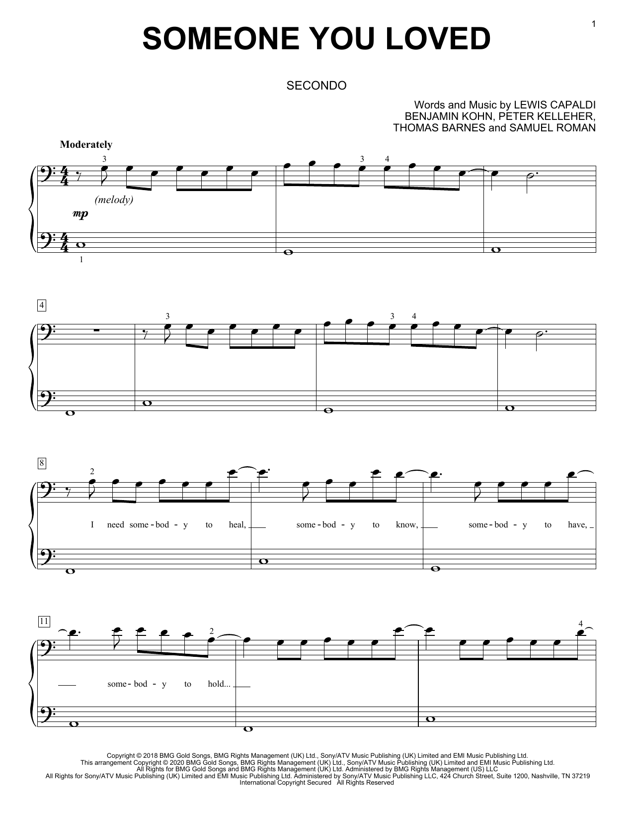 Lewis Capaldi Someone You Loved (arr. David Pearl) Sheet Music Notes & Chords for Piano Duet - Download or Print PDF