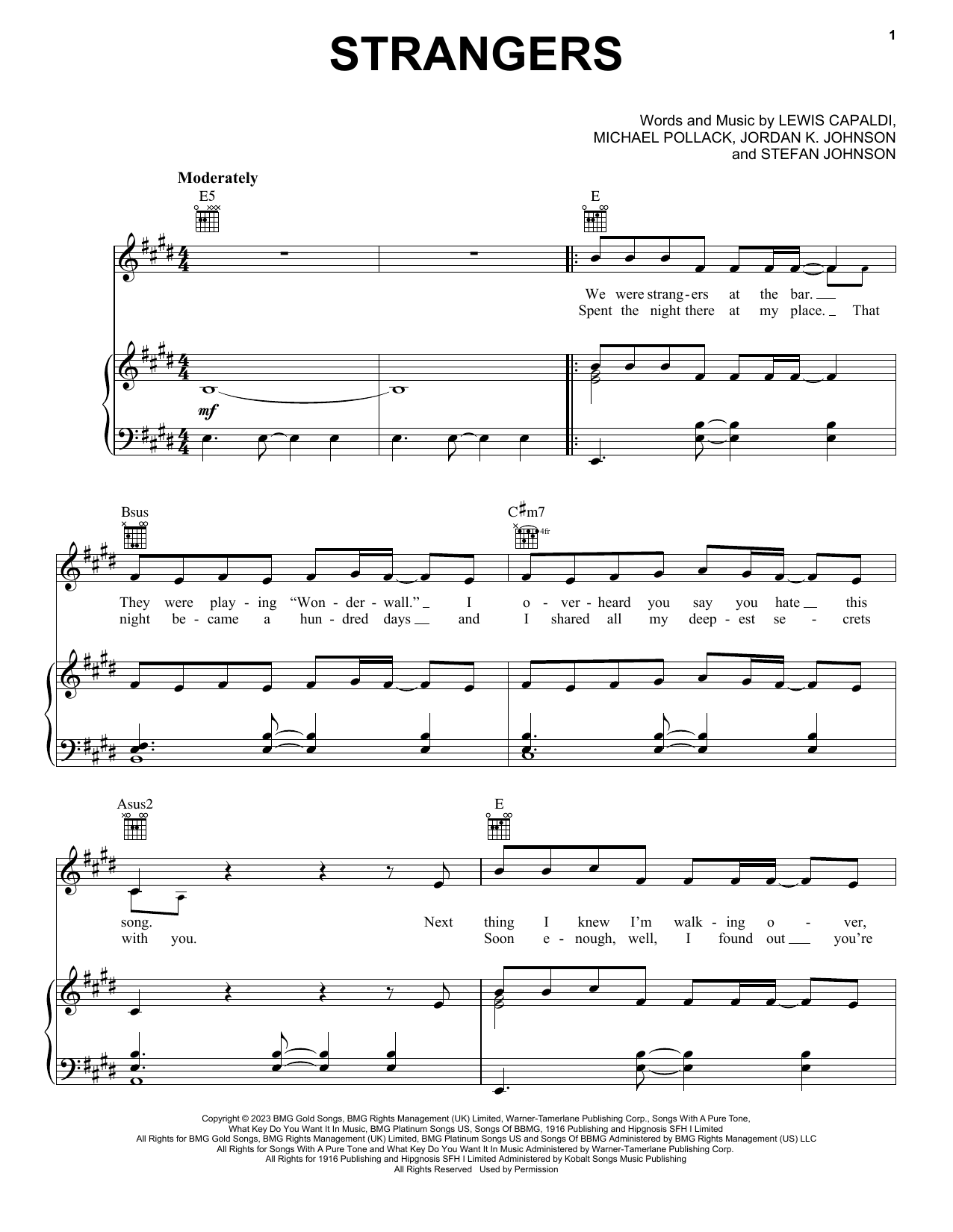 Lewis Capaldi Strangers Sheet Music Notes & Chords for Piano, Vocal & Guitar Chords (Right-Hand Melody) - Download or Print PDF