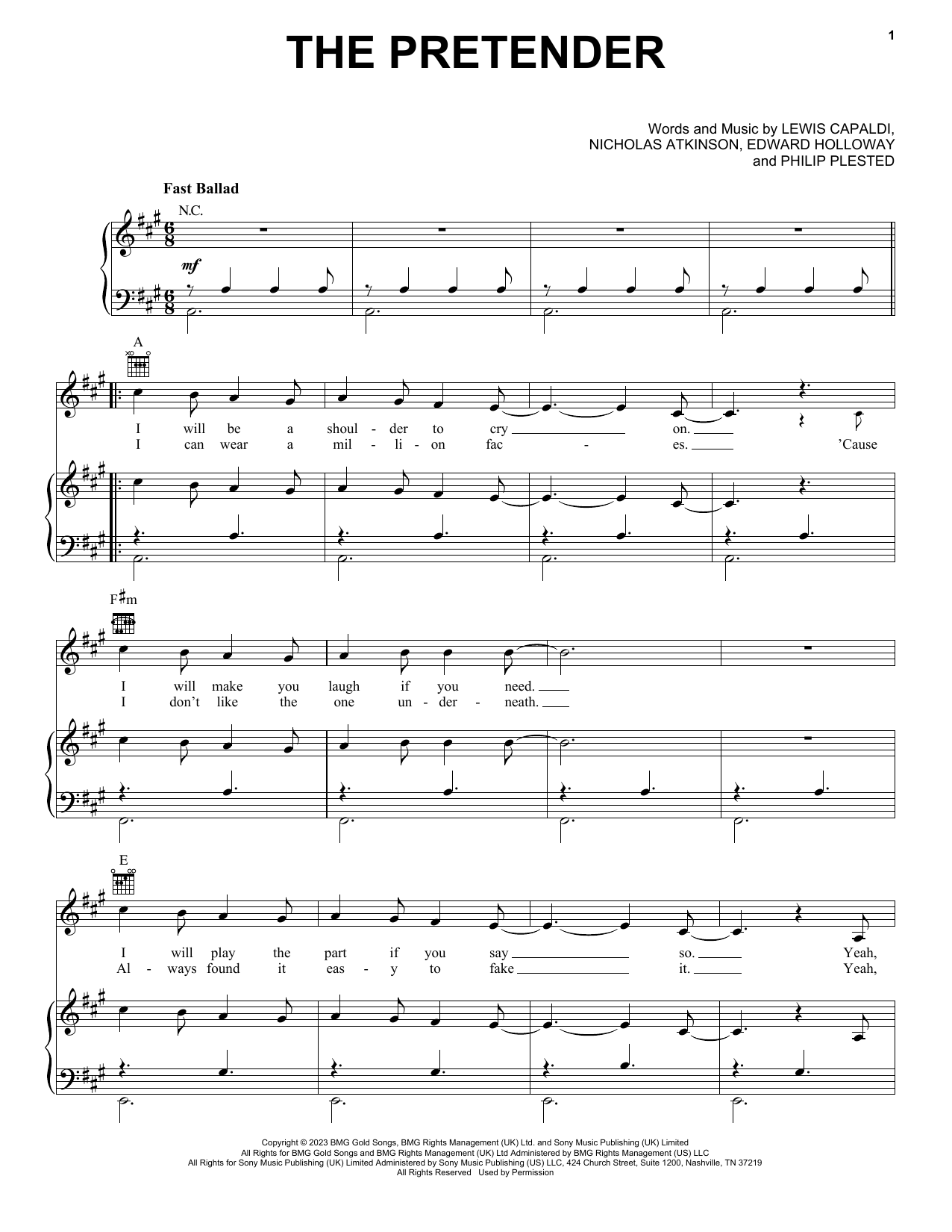 Lewis Capaldi The Pretender Sheet Music Notes & Chords for Piano, Vocal & Guitar Chords (Right-Hand Melody) - Download or Print PDF