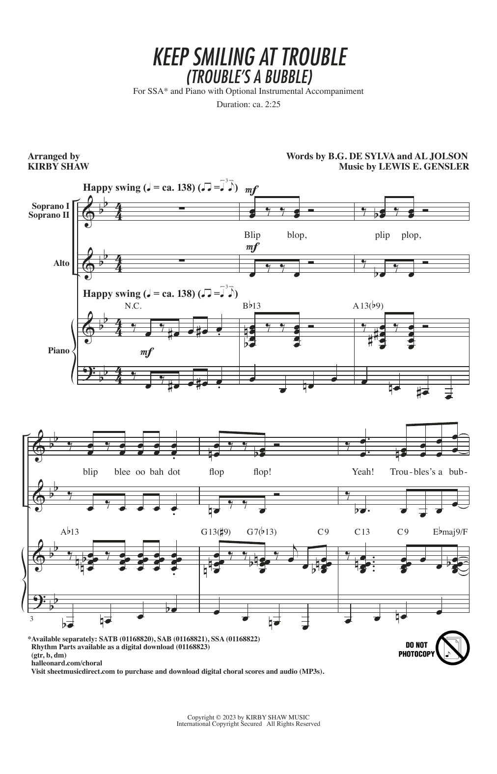 Lewis E. Gensler Keep Smiling At Trouble (Trouble's A Bubble) (arr. Kirby Shaw) Sheet Music Notes & Chords for SATB Choir - Download or Print PDF