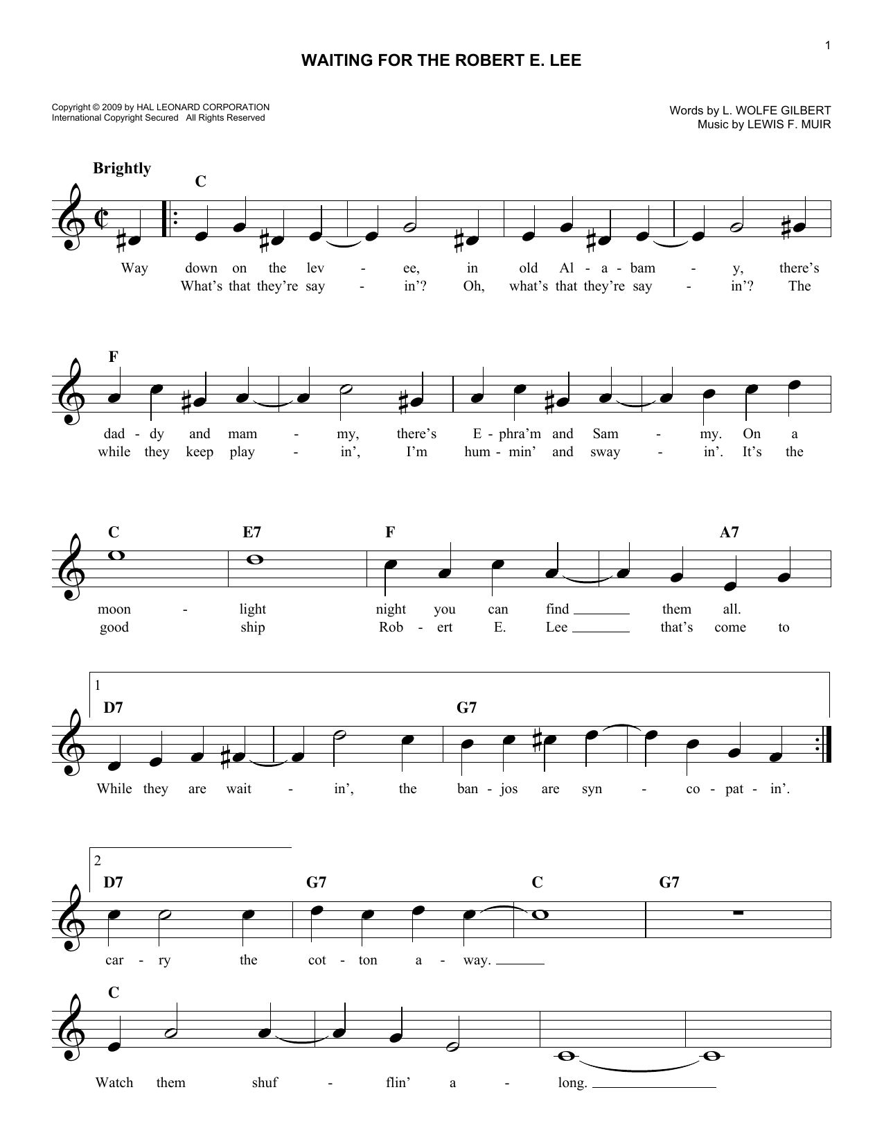 Lewis F. Muir Waiting For The Robert E. Lee Sheet Music Notes & Chords for Piano, Vocal & Guitar Chords (Right-Hand Melody) - Download or Print PDF