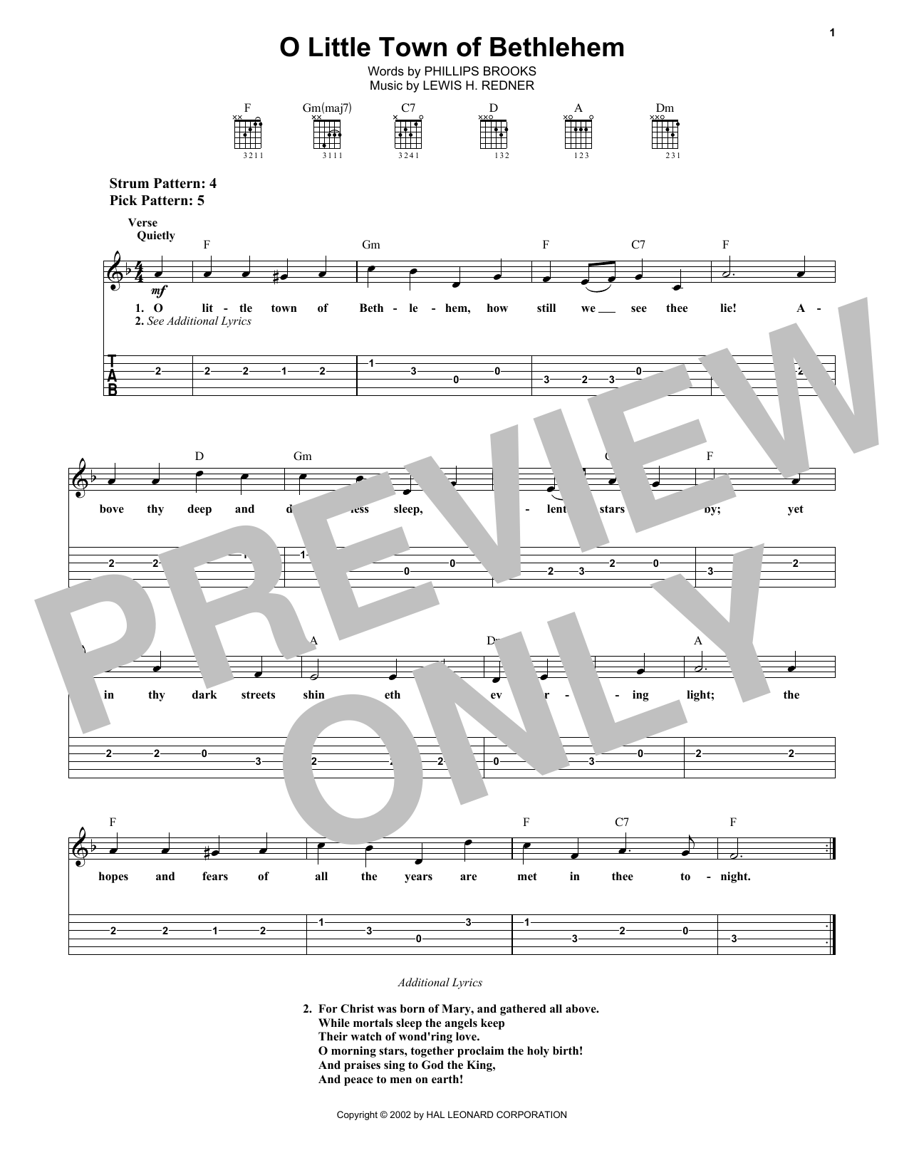 Lewis H. Redner O Little Town Of Bethlehem Sheet Music Notes & Chords for Easy Guitar Tab - Download or Print PDF