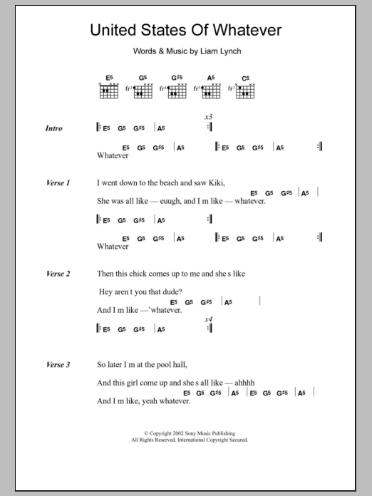 Liam Lynch United States Of Whatever Sheet Music Notes & Chords for Lyrics & Chords - Download or Print PDF