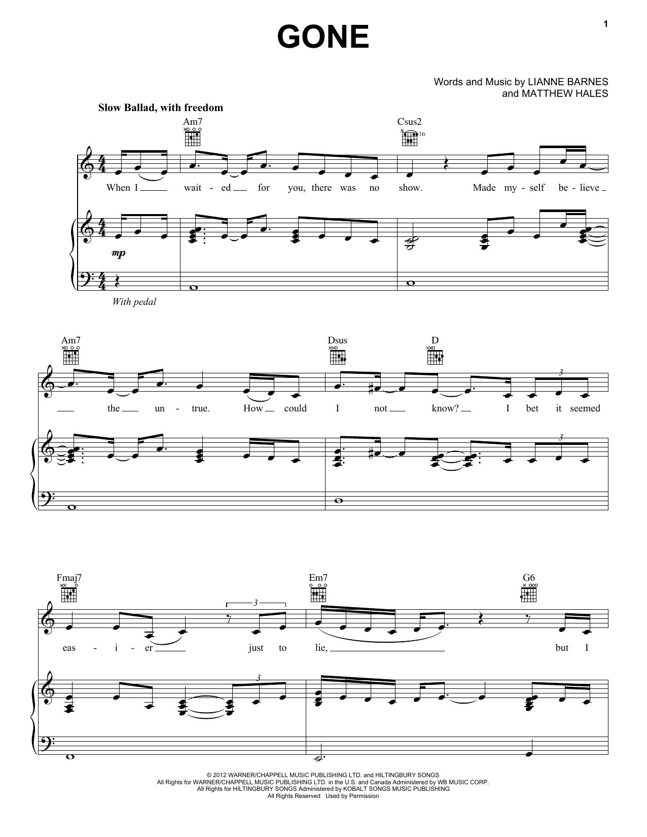 Lianne La Havas Gone Sheet Music Notes & Chords for Piano, Vocal & Guitar (Right-Hand Melody) - Download or Print PDF