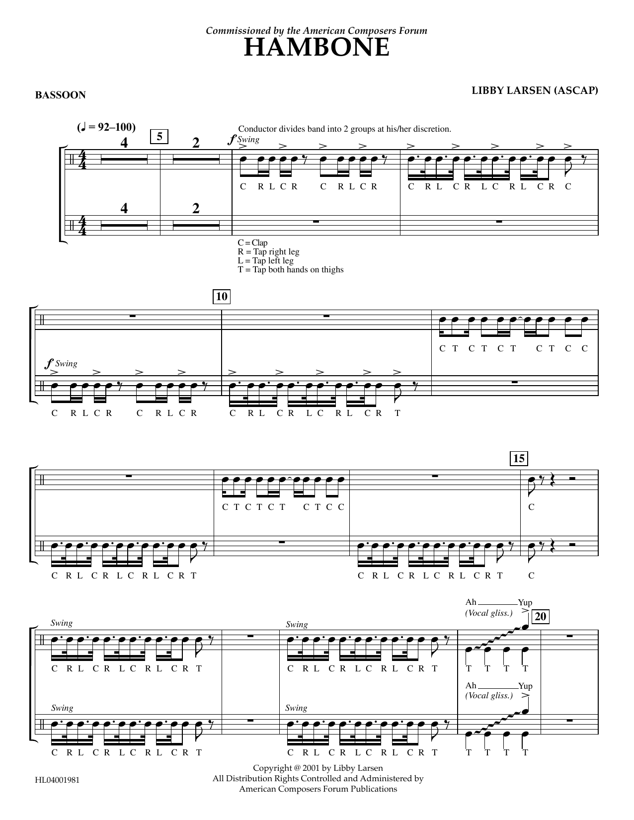 Libby Larsen Hambone - Bassoon Sheet Music Notes & Chords for Concert Band - Download or Print PDF