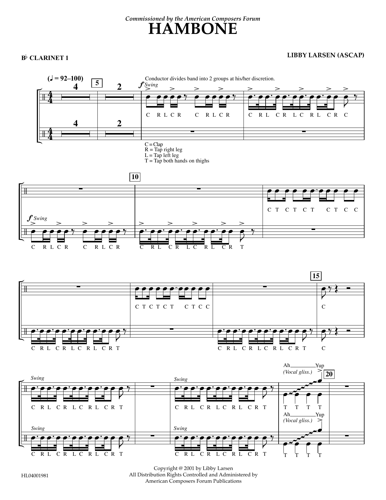 Libby Larsen Hambone - Bb Clarinet 1 Sheet Music Notes & Chords for Concert Band - Download or Print PDF