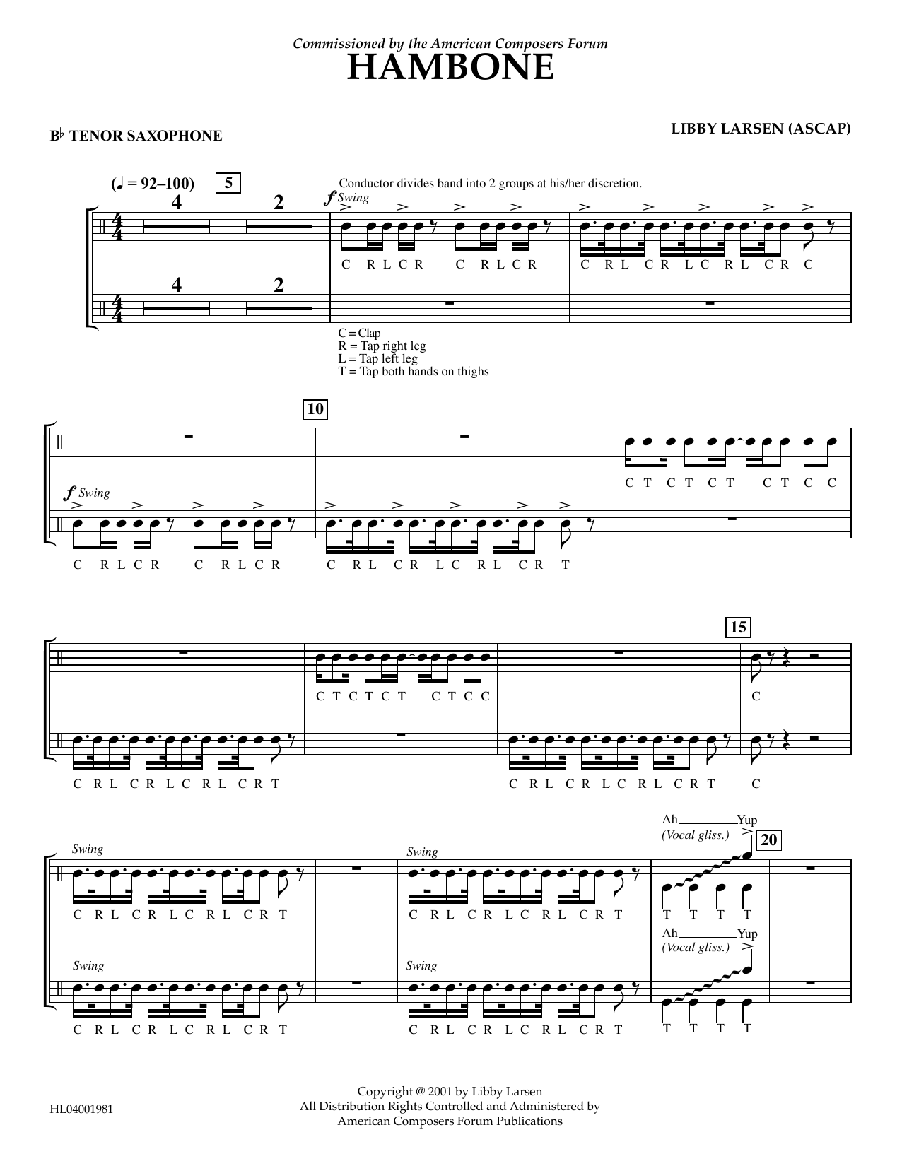 Libby Larsen Hambone - Bb Tenor Saxophone Sheet Music Notes & Chords for Concert Band - Download or Print PDF