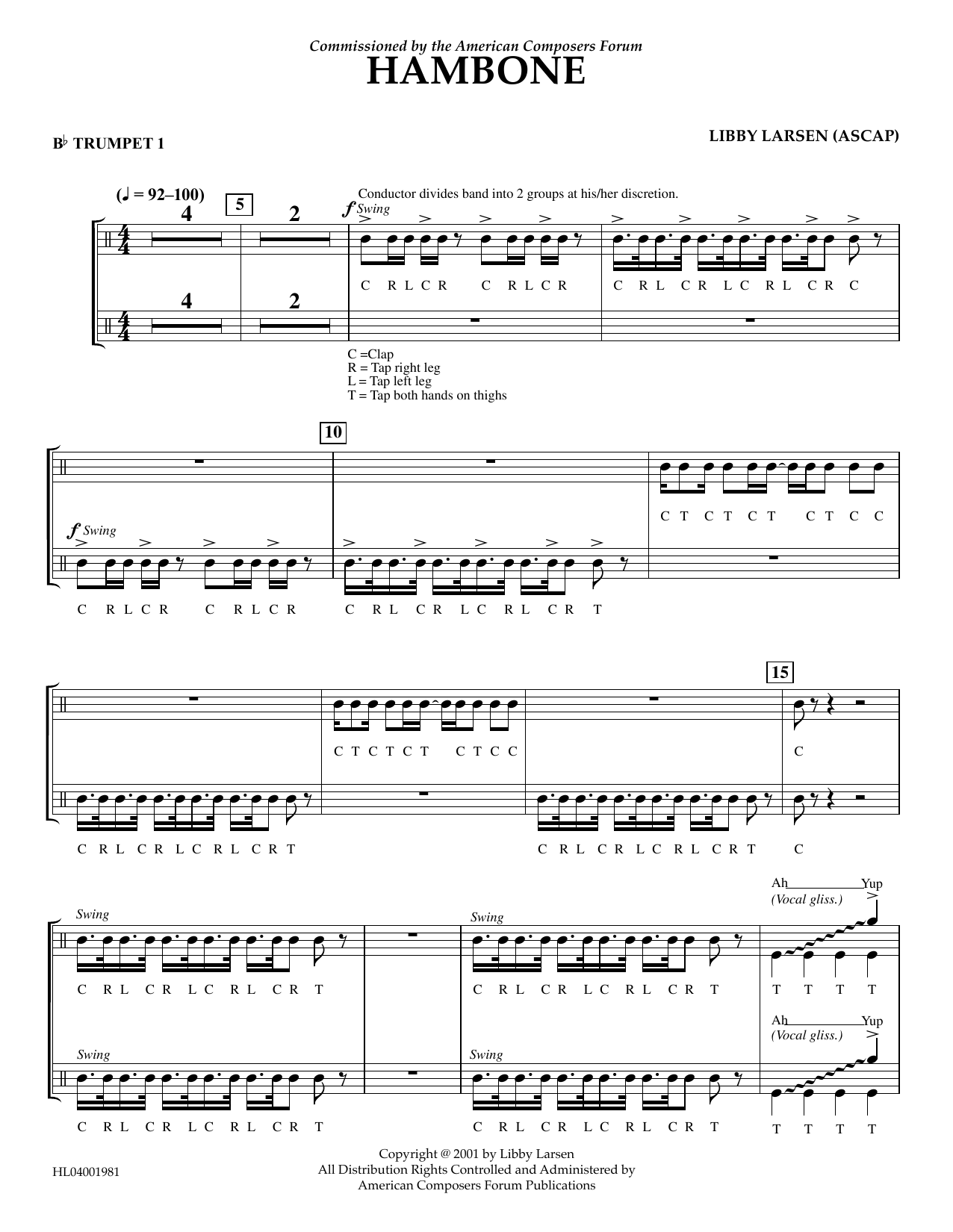 Libby Larsen Hambone - Bb Trumpet 1 Sheet Music Notes & Chords for Concert Band - Download or Print PDF