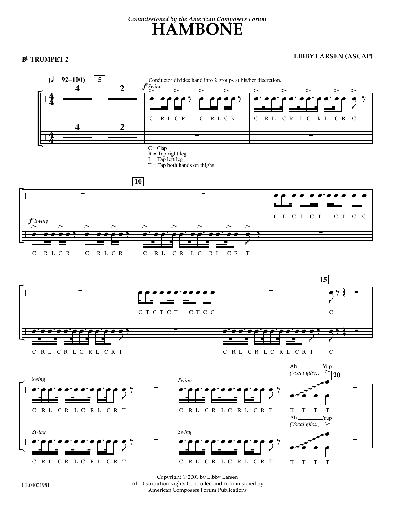 Libby Larsen Hambone - Bb Trumpet 2 Sheet Music Notes & Chords for Concert Band - Download or Print PDF