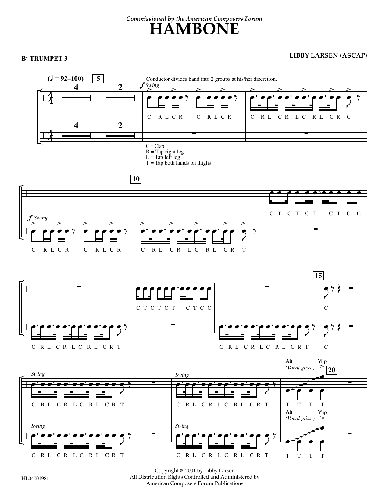 Libby Larsen Hambone - Bb Trumpet 3 Sheet Music Notes & Chords for Concert Band - Download or Print PDF