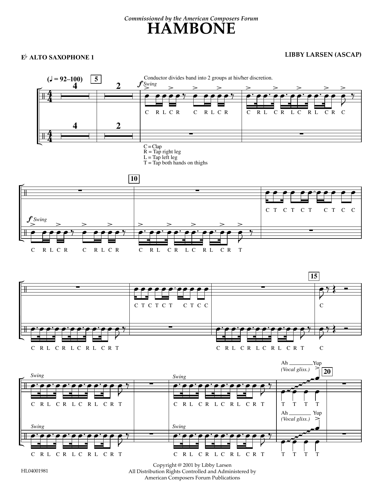 Libby Larsen Hambone - Eb Alto Sax 1 Sheet Music Notes & Chords for Concert Band - Download or Print PDF