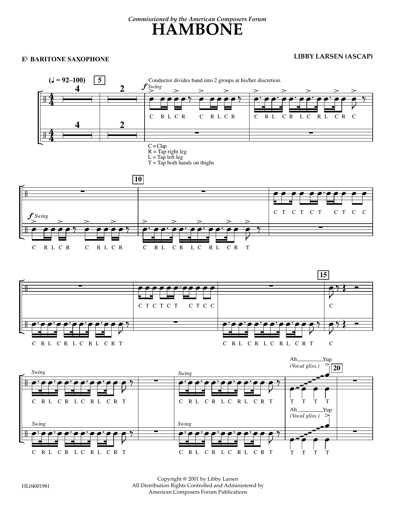 Libby Larsen Hambone - Eb Baritone Saxophone Sheet Music Notes & Chords for Concert Band - Download or Print PDF