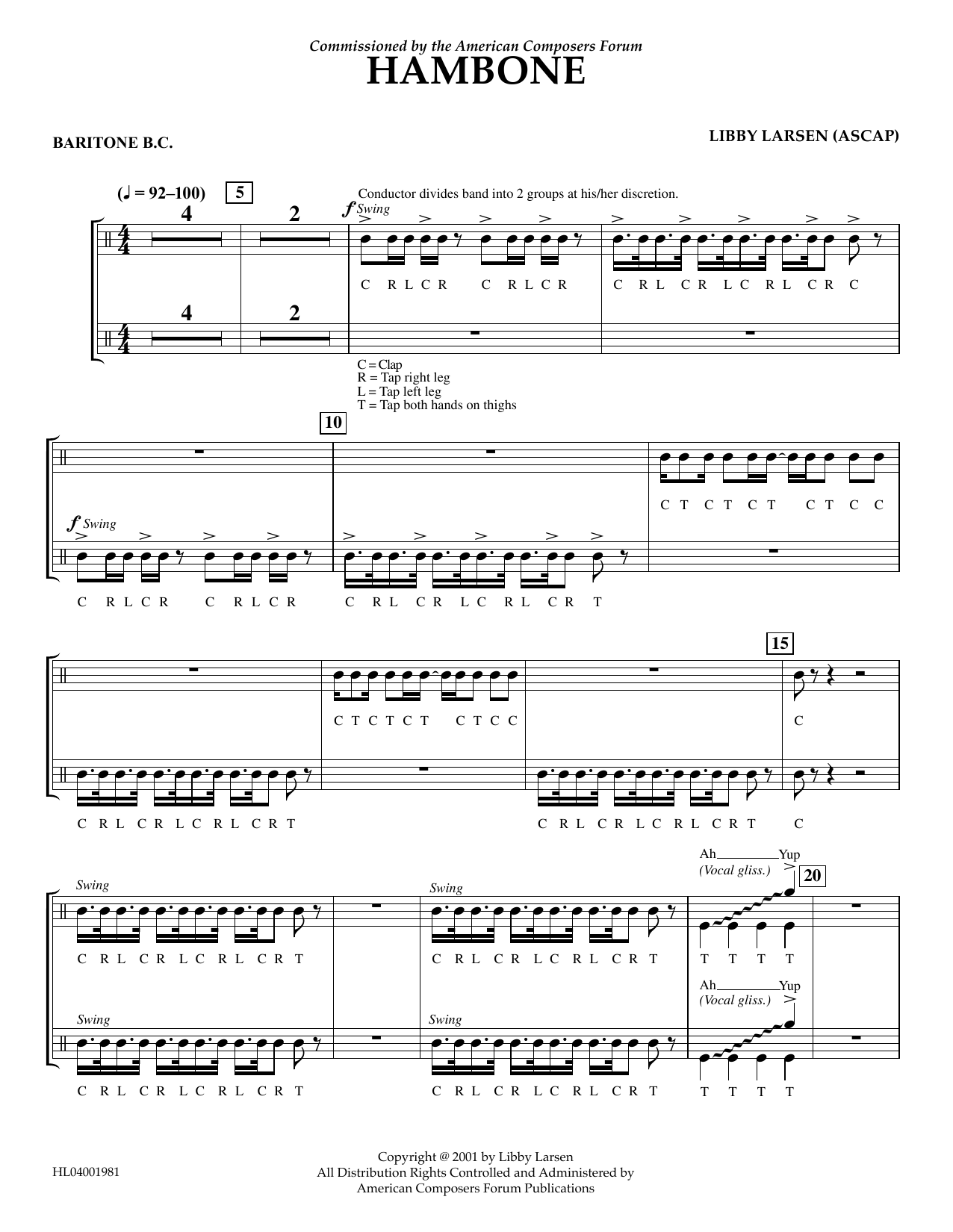 Libby Larsen Hambone - Euphonium in Bass Clef Sheet Music Notes & Chords for Concert Band - Download or Print PDF