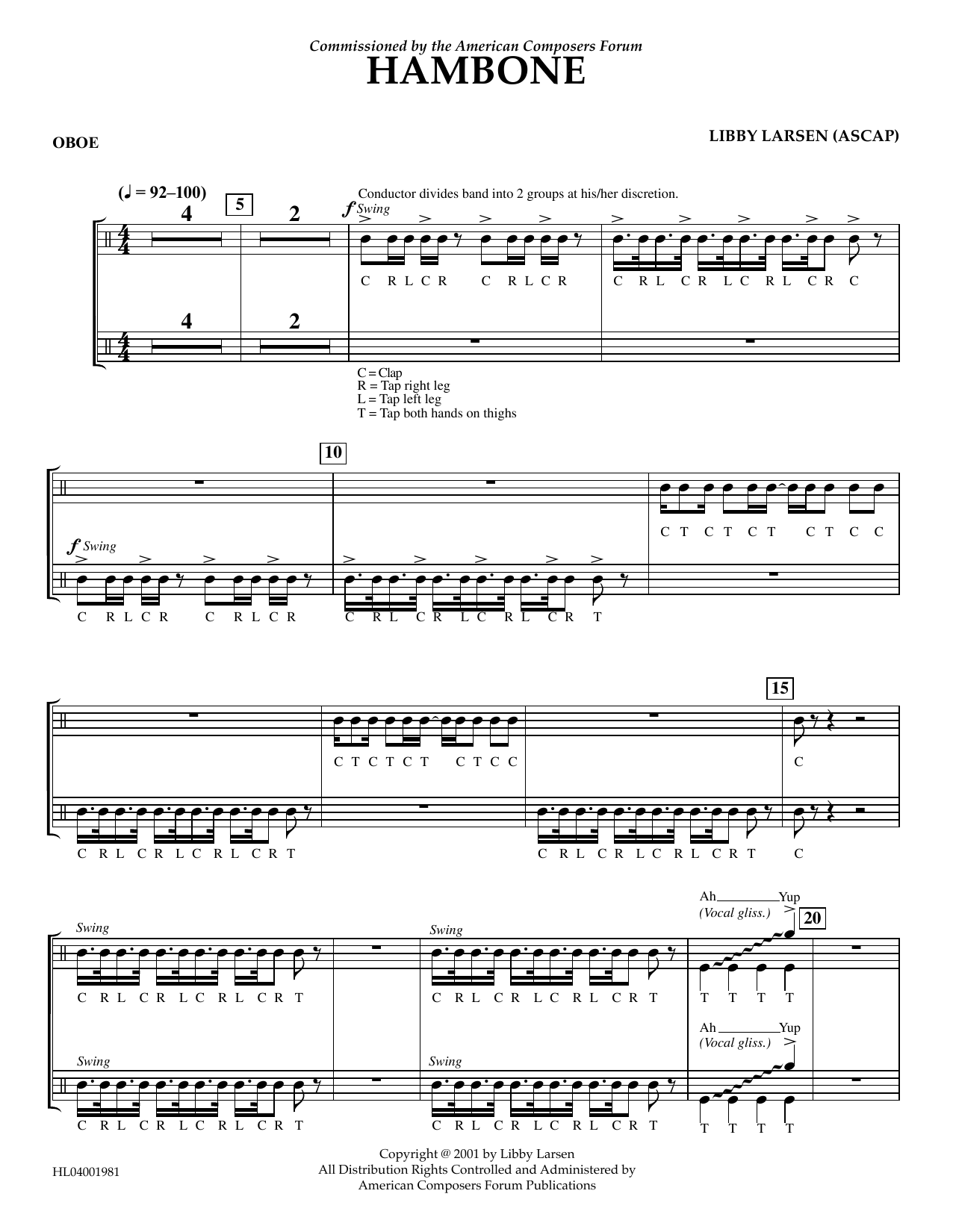 Libby Larsen Hambone - Oboe Sheet Music Notes & Chords for Concert Band - Download or Print PDF