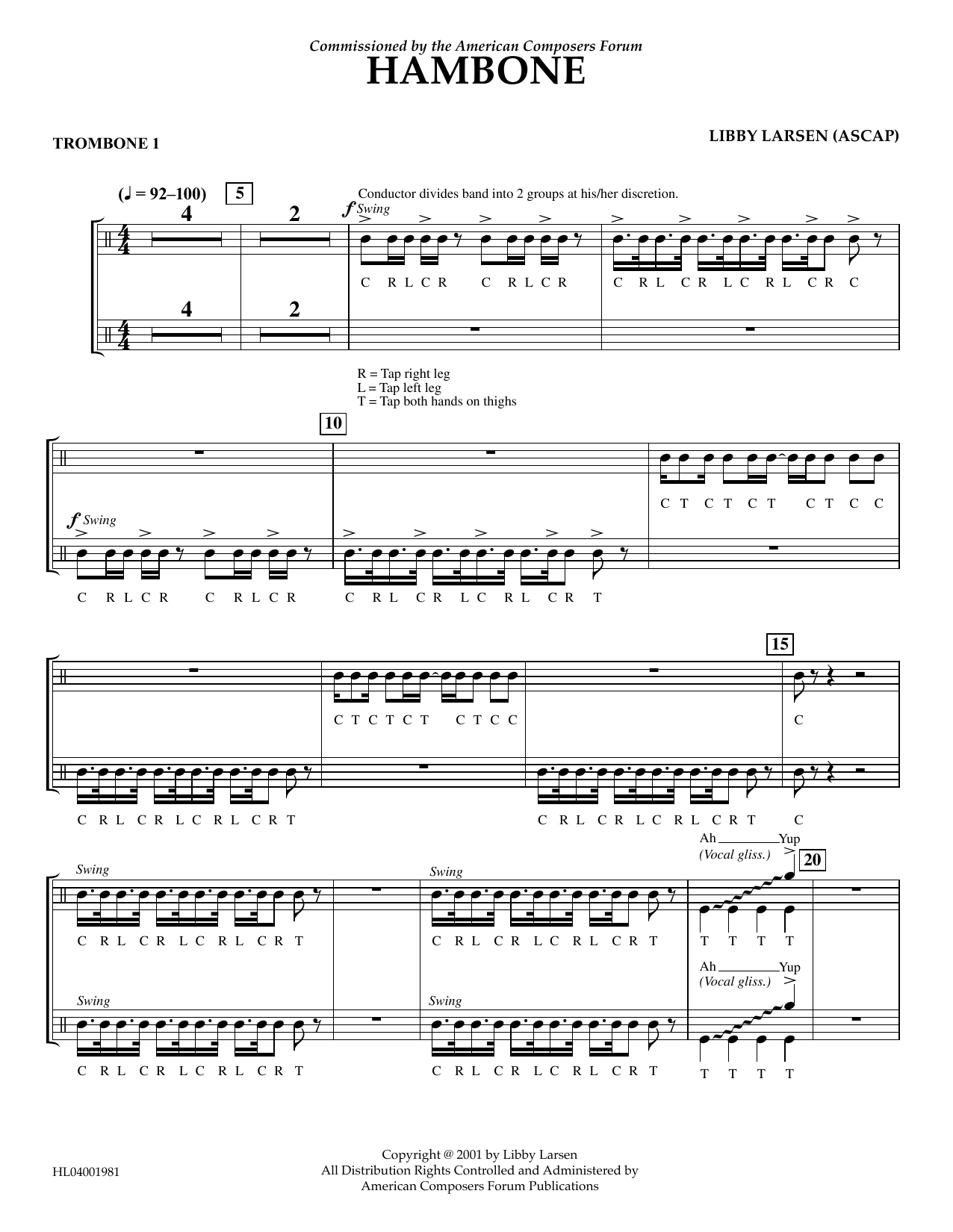 Libby Larsen Hambone - Trombone 1 Sheet Music Notes & Chords for Concert Band - Download or Print PDF