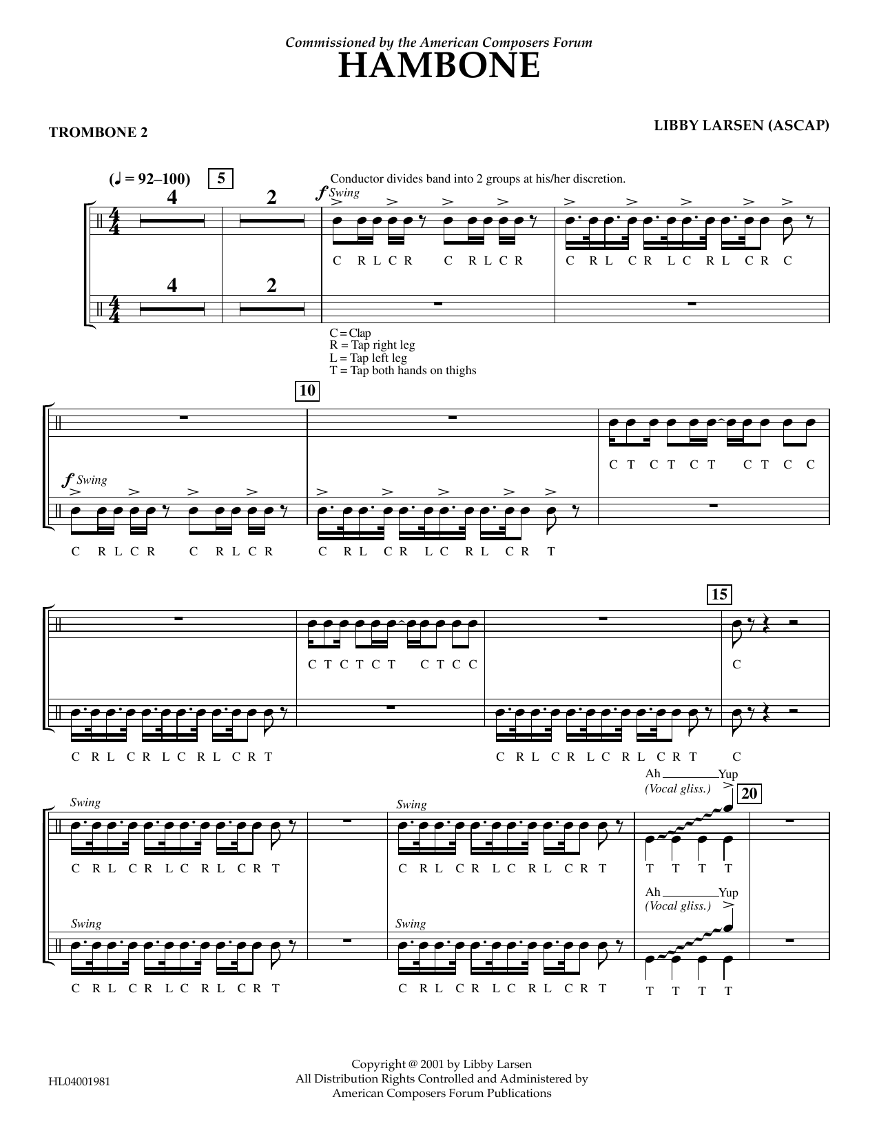 Libby Larsen Hambone - Trombone 2 Sheet Music Notes & Chords for Concert Band - Download or Print PDF