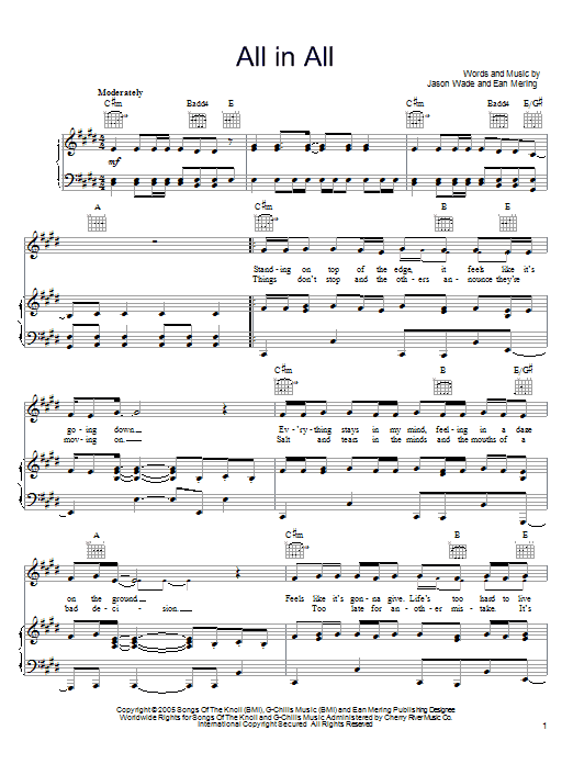 Lifehouse All In All Sheet Music Notes & Chords for Piano, Vocal & Guitar (Right-Hand Melody) - Download or Print PDF
