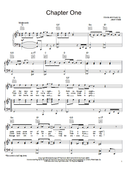 Lifehouse Chapter One Sheet Music Notes & Chords for Piano, Vocal & Guitar (Right-Hand Melody) - Download or Print PDF