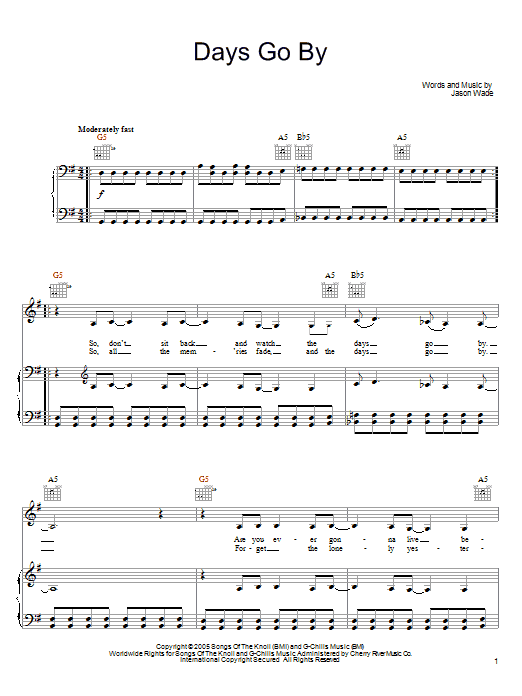 Lifehouse Days Go By Sheet Music Notes & Chords for Piano, Vocal & Guitar (Right-Hand Melody) - Download or Print PDF Lifehouse Days Go By Sheet Music Notes & Chords for Piano, Vocal & Guitar (Right-Hand Melody) - Download or Print PDF