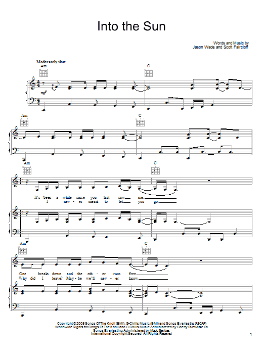 Lifehouse Into The Sun Sheet Music Notes & Chords for Piano, Vocal & Guitar (Right-Hand Melody) - Download or Print PDF