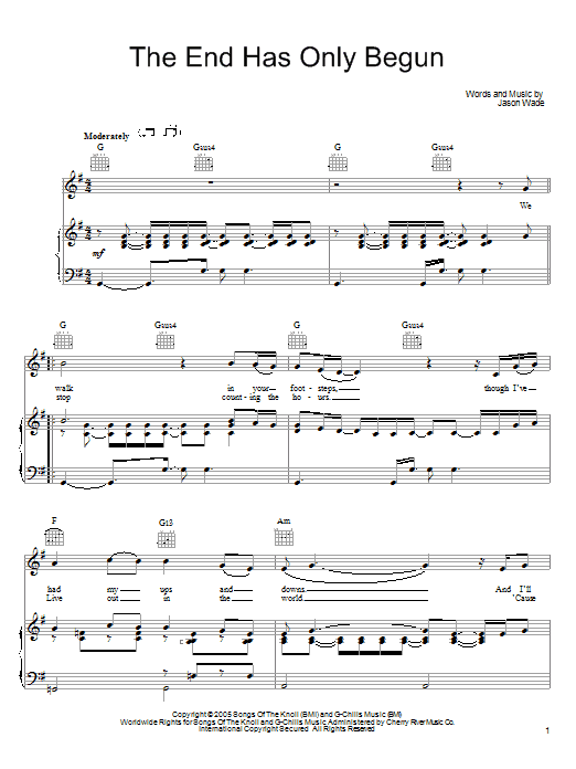 Lifehouse The End Has Only Begun Sheet Music Notes & Chords for Piano, Vocal & Guitar (Right-Hand Melody) - Download or Print PDF