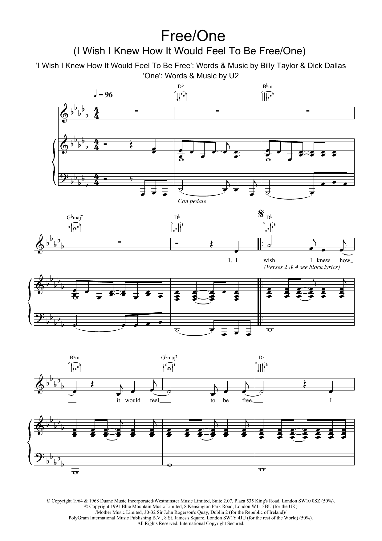 Lighthouse Family Free/One (I Wish I Knew How It Would Feel To Be and One) Sheet Music Notes & Chords for Piano, Vocal & Guitar - Download or Print PDF