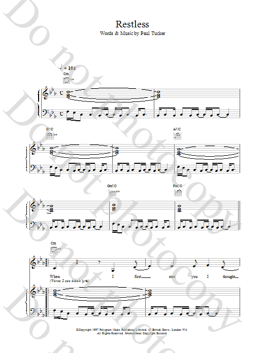 Lighthouse Family Restless Sheet Music Notes & Chords for Piano, Vocal & Guitar (Right-Hand Melody) - Download or Print PDF