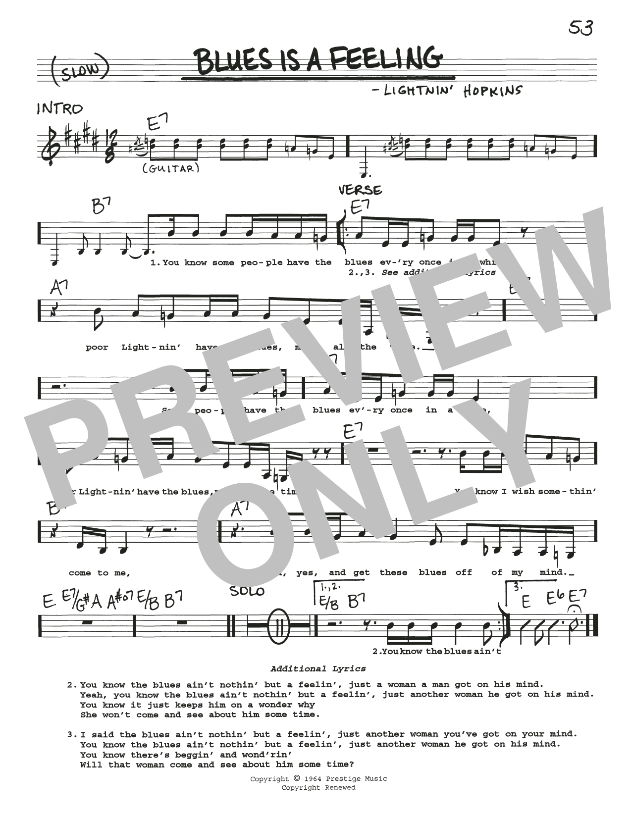 Lightnin' Hopkins Blues Is A Feeling Sheet Music Notes & Chords for Real Book – Melody, Lyrics & Chords - Download or Print PDF