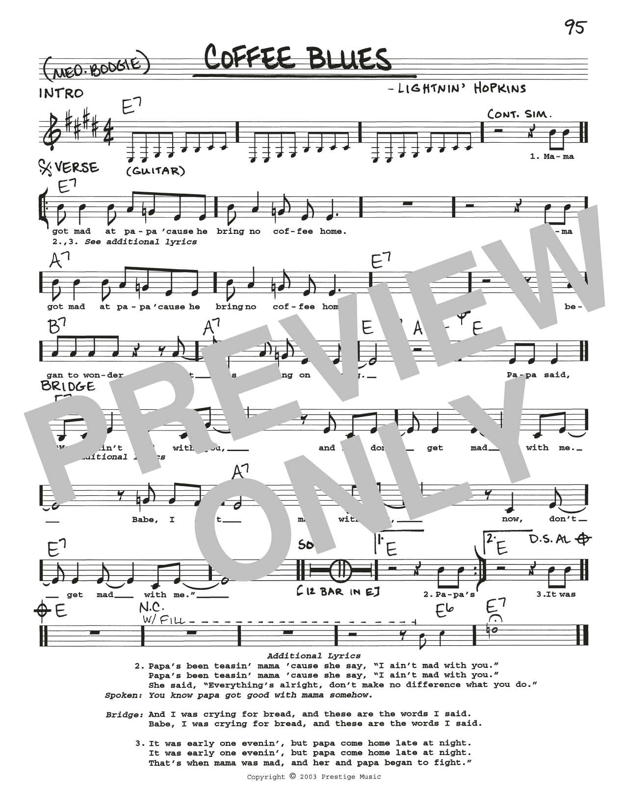 Lightnin' Hopkins Coffee Blues Sheet Music Notes & Chords for Real Book – Melody, Lyrics & Chords - Download or Print PDF