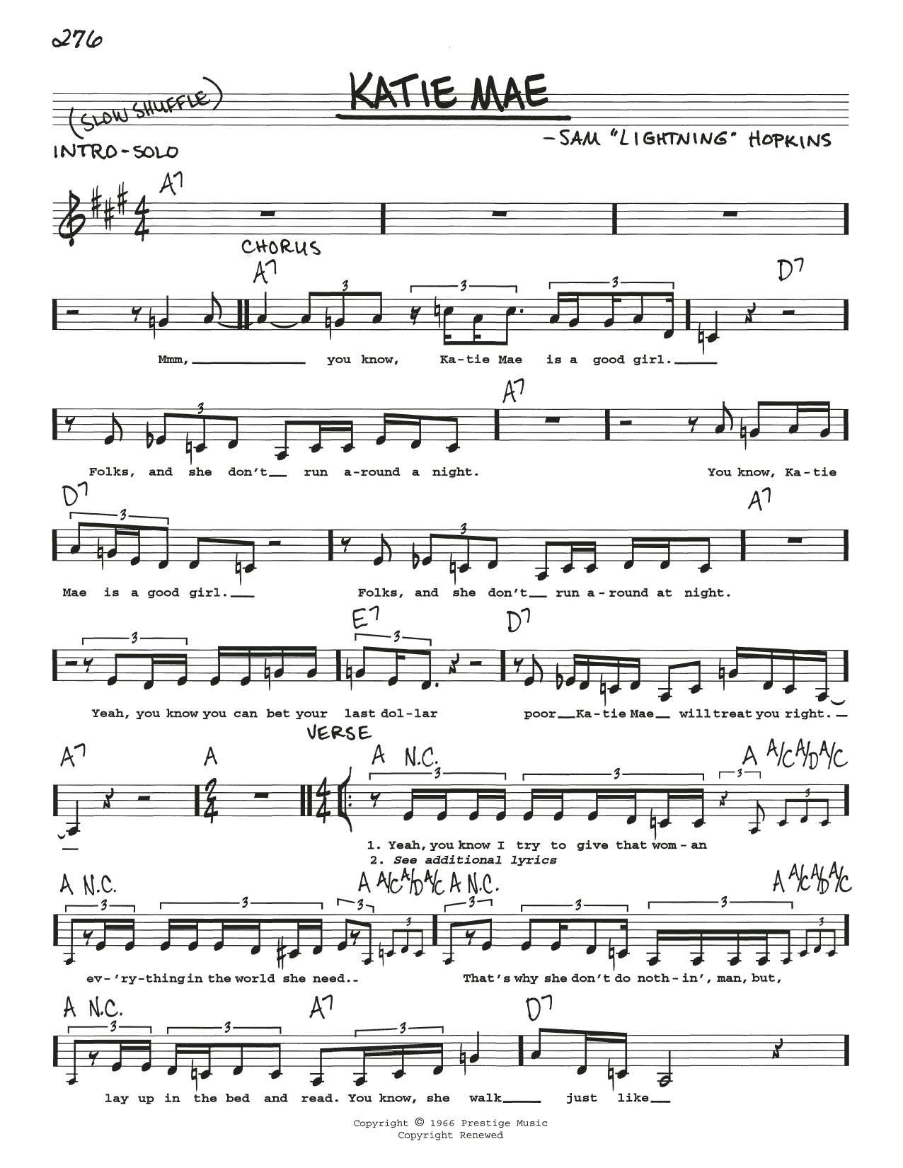 Lightnin' Hopkins Katie Mae Sheet Music Notes & Chords for Real Book – Melody, Lyrics & Chords - Download or Print PDF