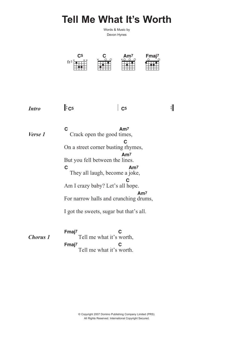 Lightspeed Champion Tell Me What It's Worth Sheet Music Notes & Chords for Lyrics & Chords - Download or Print PDF