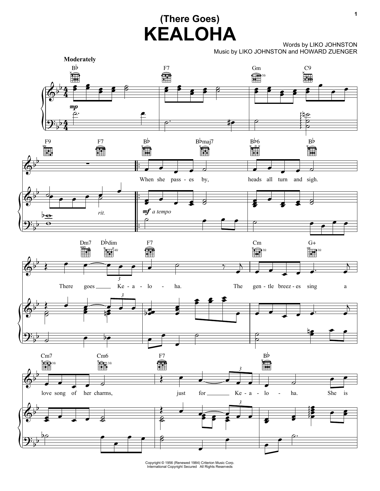 Liko Johnston Kealoha (There Goes) Sheet Music Notes & Chords for Piano, Vocal & Guitar (Right-Hand Melody) - Download or Print PDF