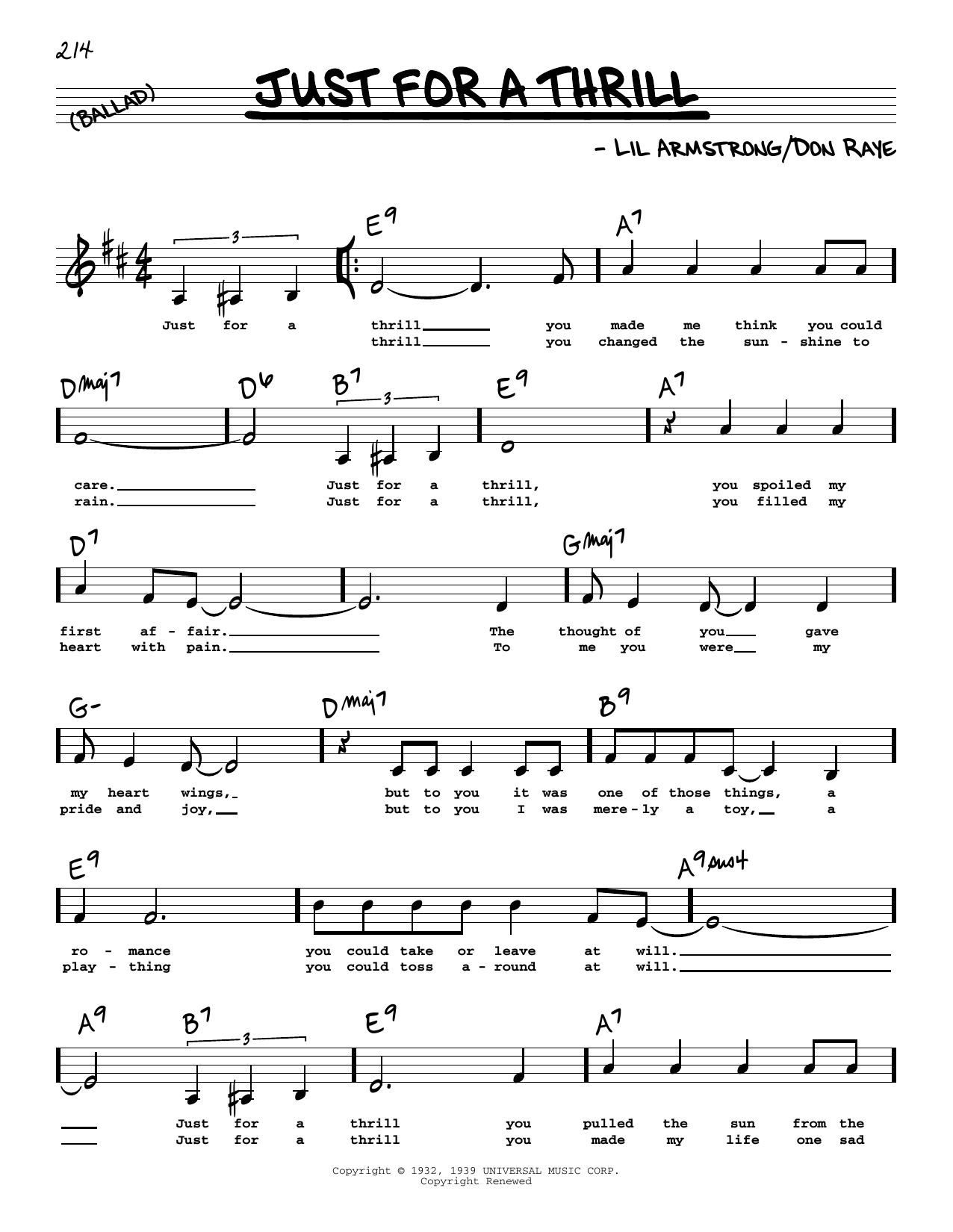 Lil Armstrong Just For A Thrill (Low Voice) Sheet Music Notes & Chords for Real Book – Melody, Lyrics & Chords - Download or Print PDF