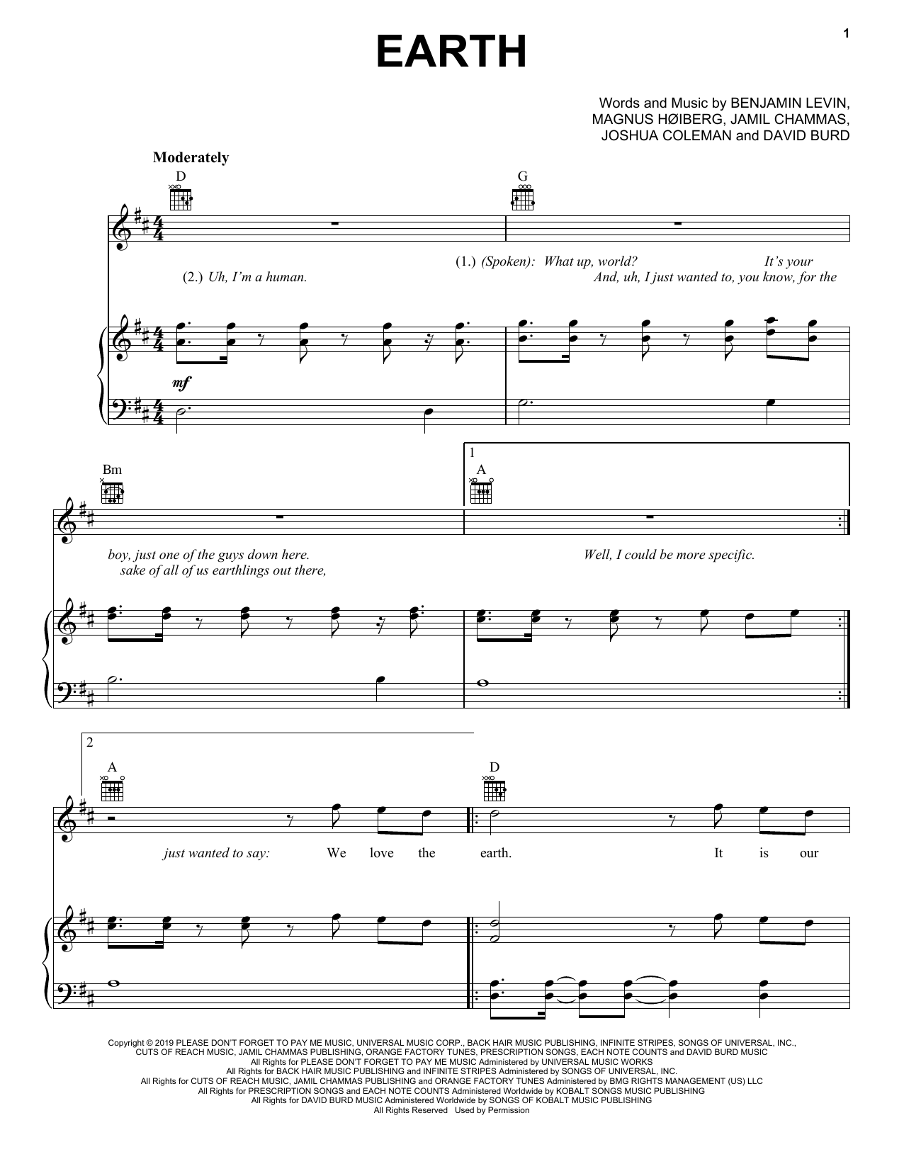 Lil Dicky Earth Sheet Music Notes & Chords for Piano, Vocal & Guitar (Right-Hand Melody) - Download or Print PDF