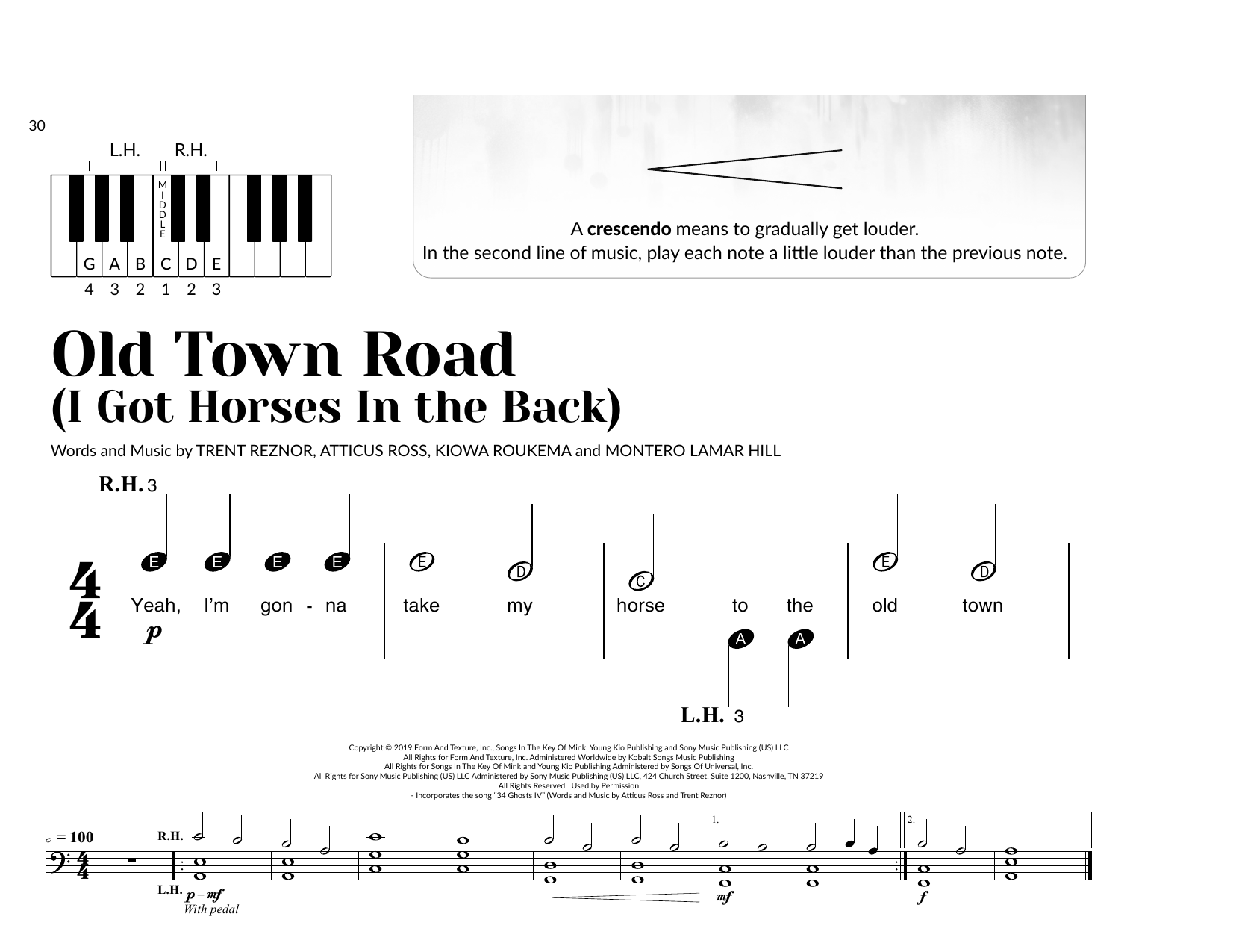 Lil Nas X feat. Billy Ray Cyrus Old Town Road (I Got The Horses In The Back) (arr. Brittany McCorriston) Sheet Music Notes & Chords for Very Beginner Piano - Download or Print PDF