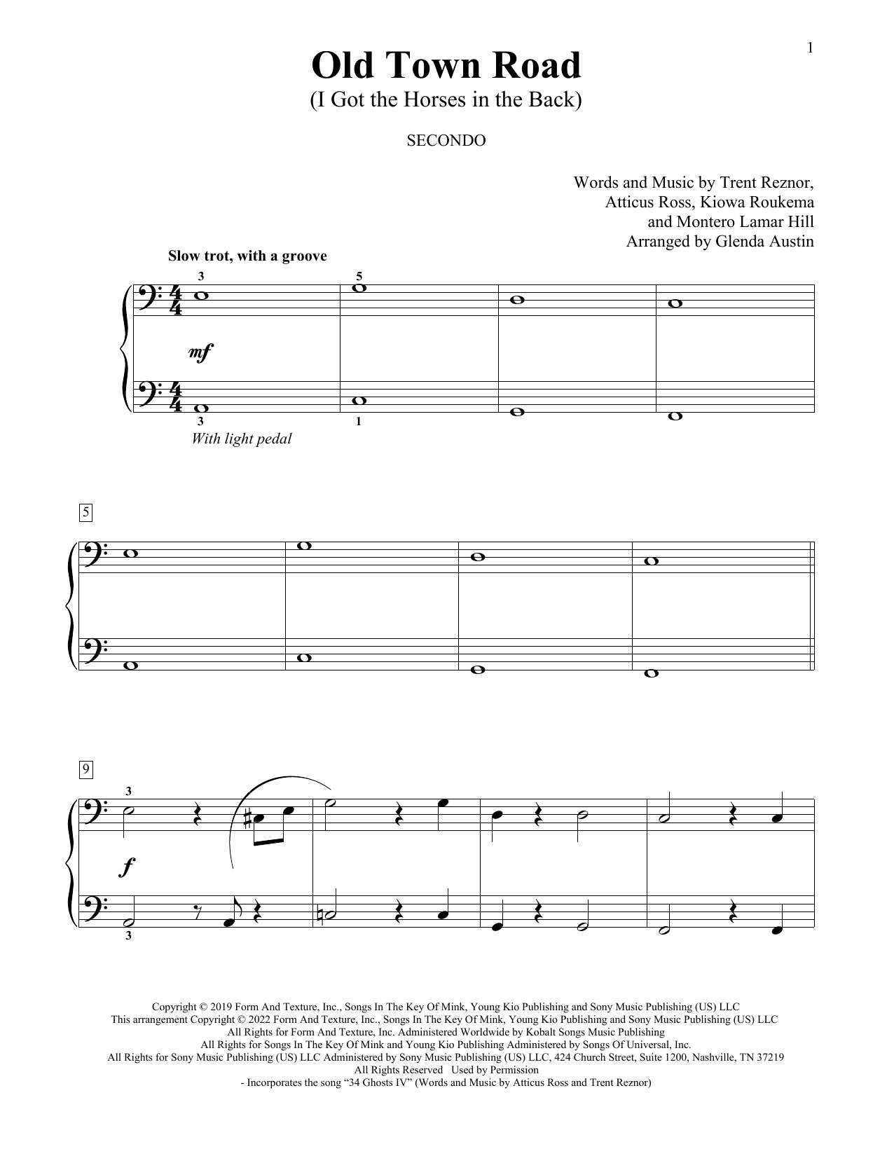Lil Nas X feat. Billy Ray Cyrus Old Town Road (I Got The Horses In The Back) (arr. Glenda Austin) Sheet Music Notes & Chords for Piano Duet - Download or Print PDF