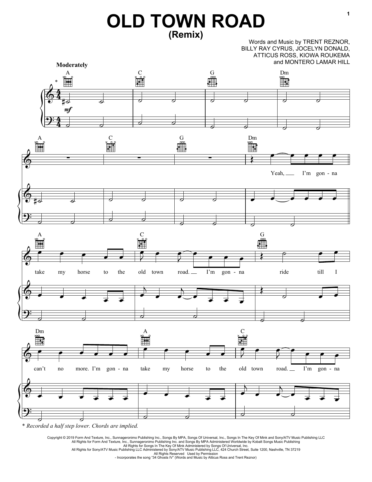 Lil Nas X feat. Billy Ray Cyrus Old Town Road (Remix) Sheet Music Notes & Chords for Piano, Vocal & Guitar (Right-Hand Melody) - Download or Print PDF