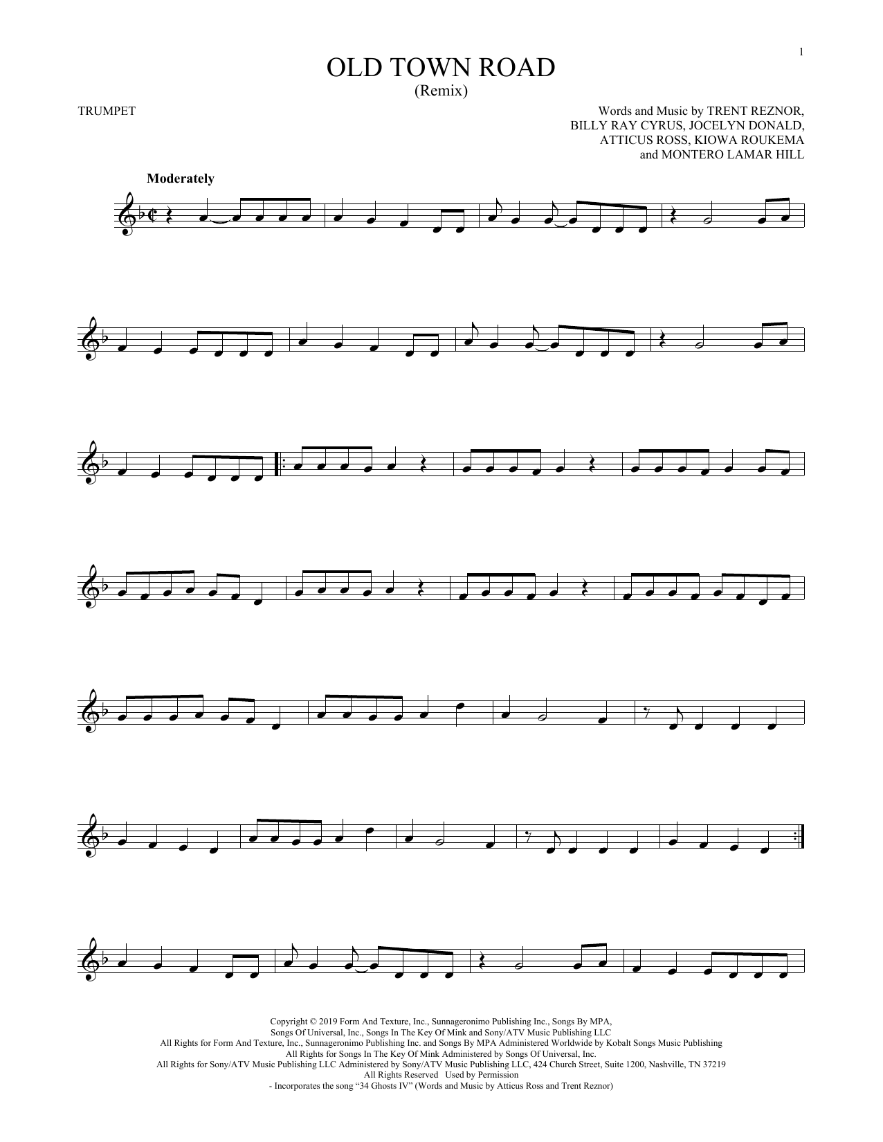 Lil Nas X feat. Billy Ray Cyrus Old Town Road (Remix) Sheet Music Notes & Chords for Trumpet Solo - Download or Print PDF