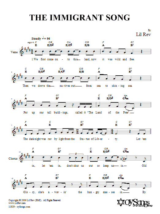 Lil Rev The Immigrant Song Sheet Music Notes & Chords for Melody Line, Lyrics & Chords - Download or Print PDF