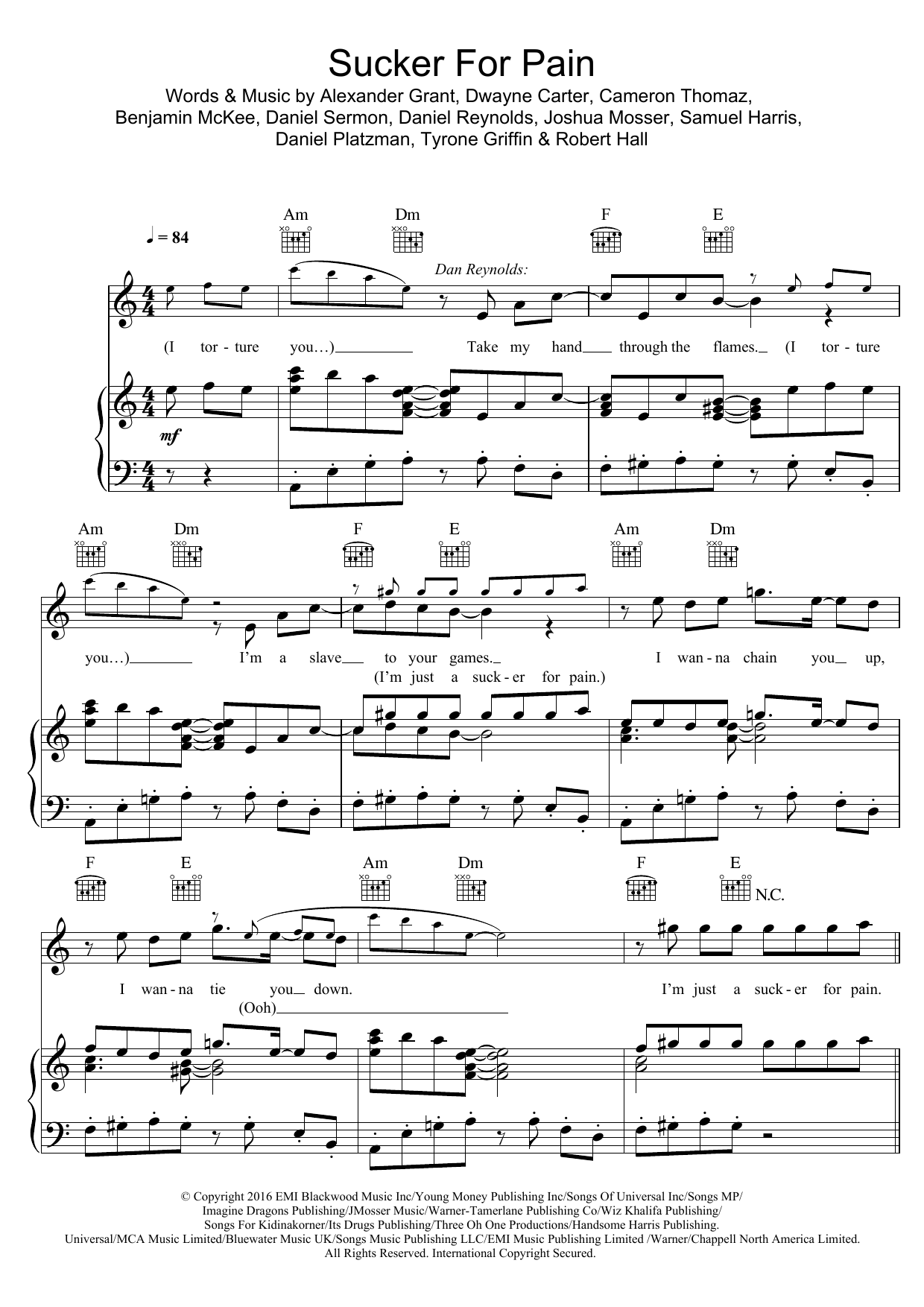 Lil Wayne, Wiz Khalifa & Imagine Dragons Sucker For Pain (featuring X Ambassadors) Sheet Music Notes & Chords for Piano, Vocal & Guitar (Right-Hand Melody) - Download or Print PDF