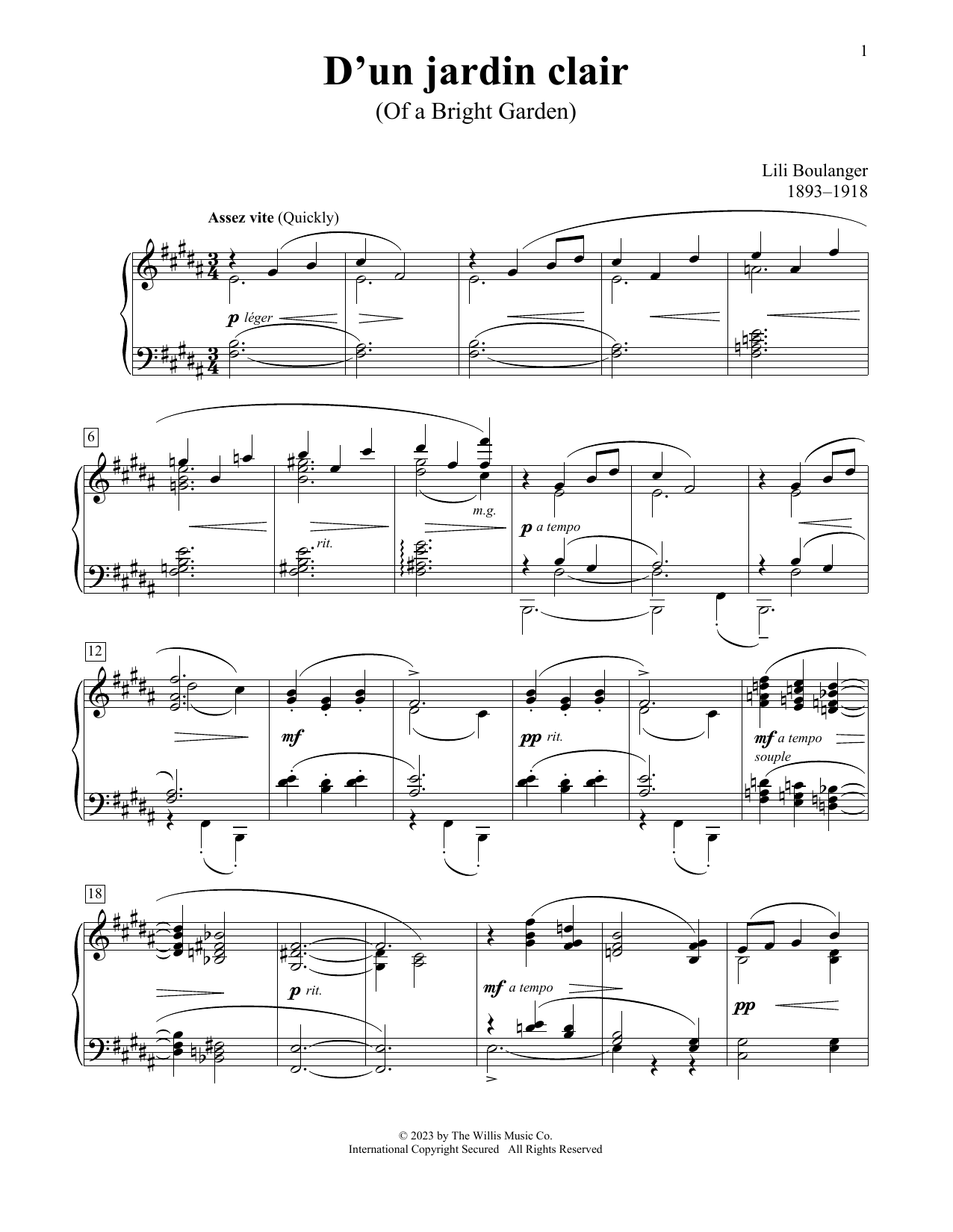 Lili Boulanger D'un Jardin Clair Sheet Music Notes & Chords for Educational Piano - Download or Print PDF