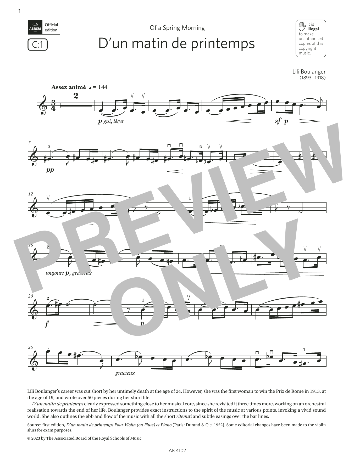 Lili Boulanger D'un matin de printemps (Grade 8, C1, from the ABRSM Violin Syllabus from 2024) Sheet Music Notes & Chords for Violin Solo - Download or Print PDF