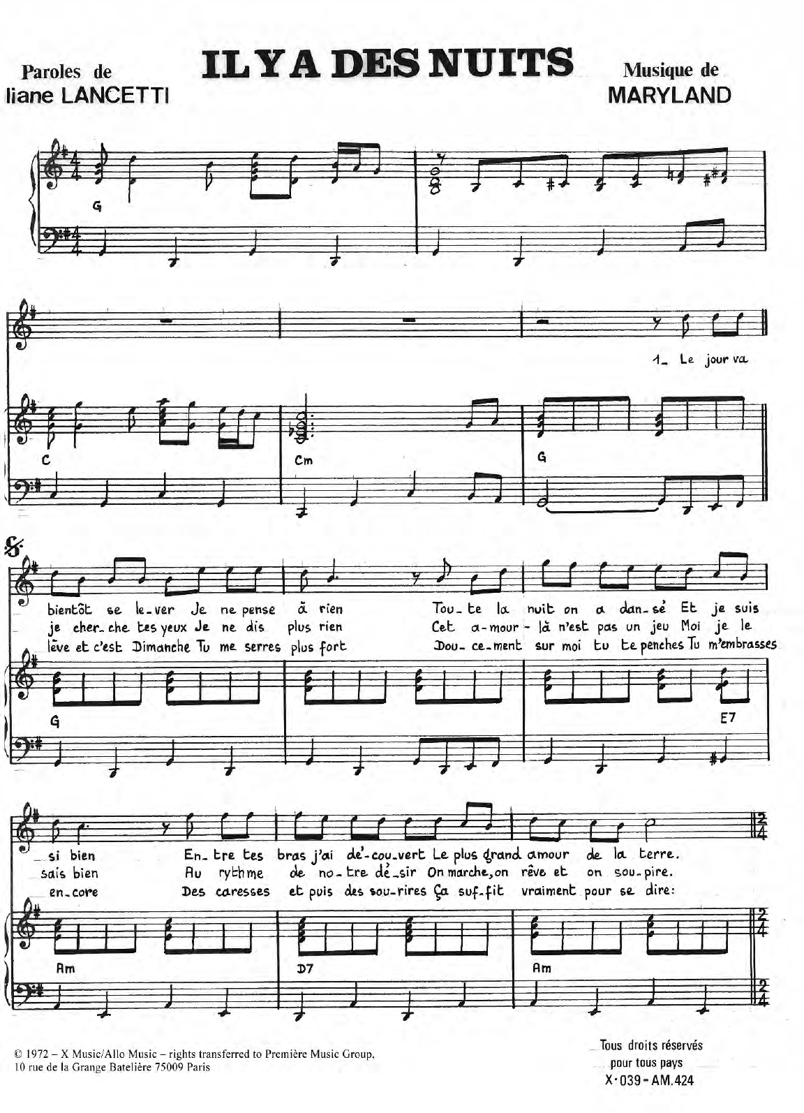 Liliane Lancetti Il y a Des Nuits Sheet Music Notes & Chords for Piano & Vocal - Download or Print PDF