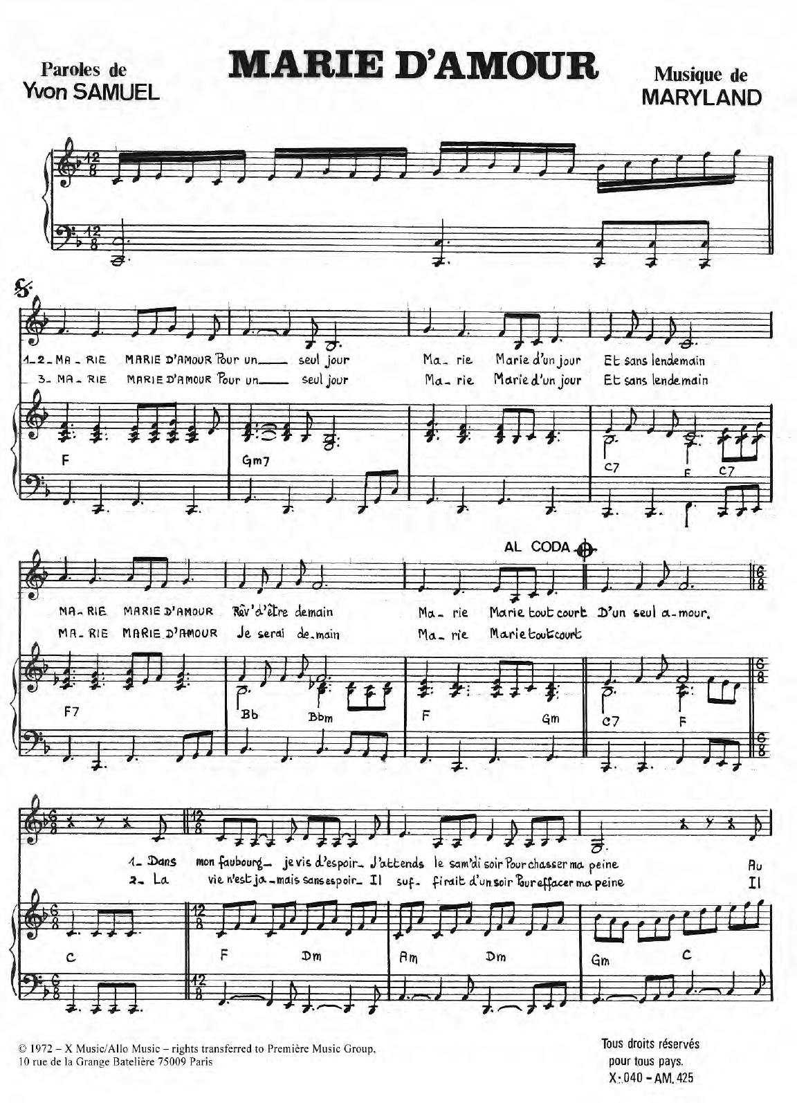 Liliane Lancetti Marie D'Amour Sheet Music Notes & Chords for Piano & Vocal - Download or Print PDF