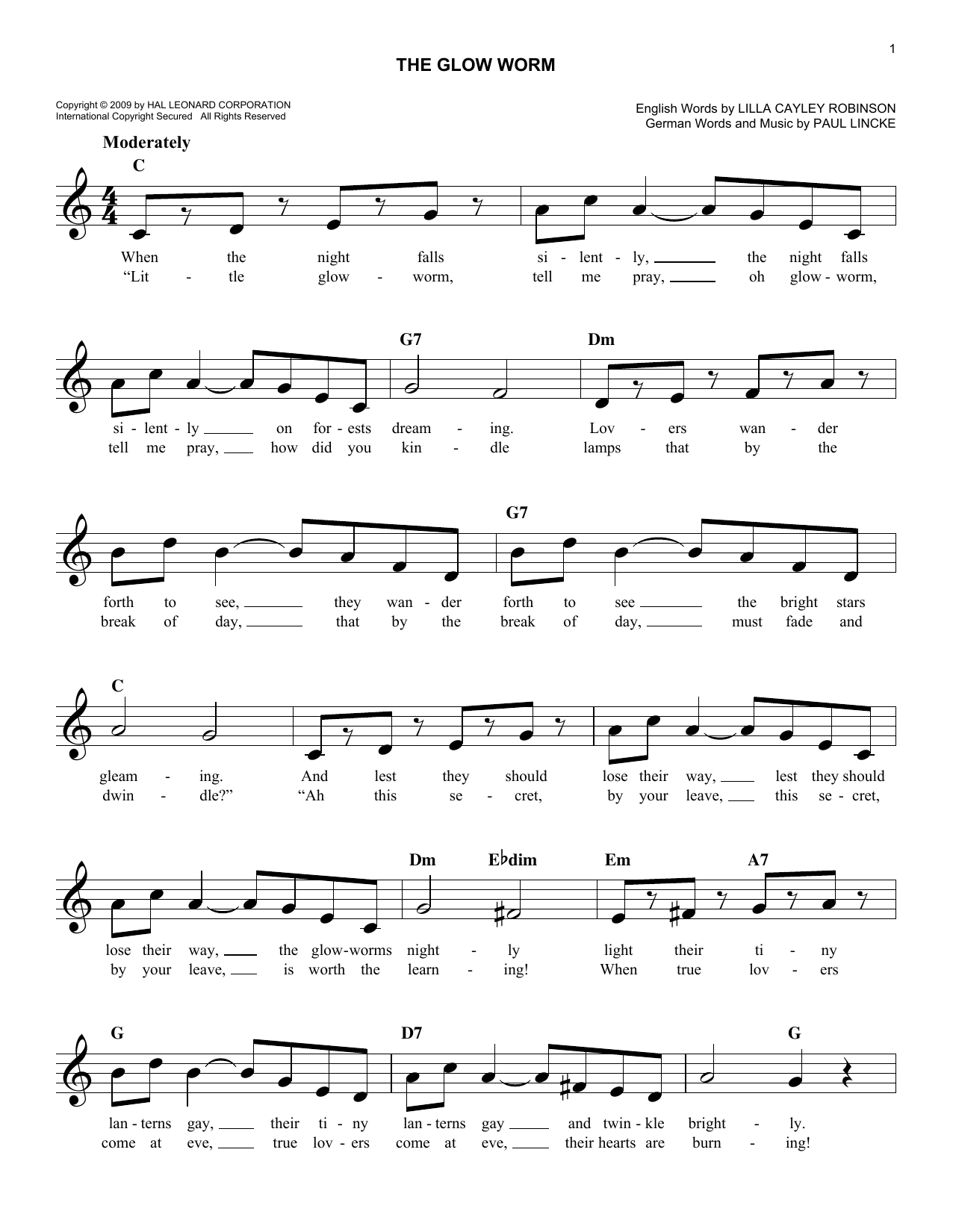 Lilla Cayley Robinson The Glow Worm Sheet Music Notes & Chords for Melody Line, Lyrics & Chords - Download or Print PDF