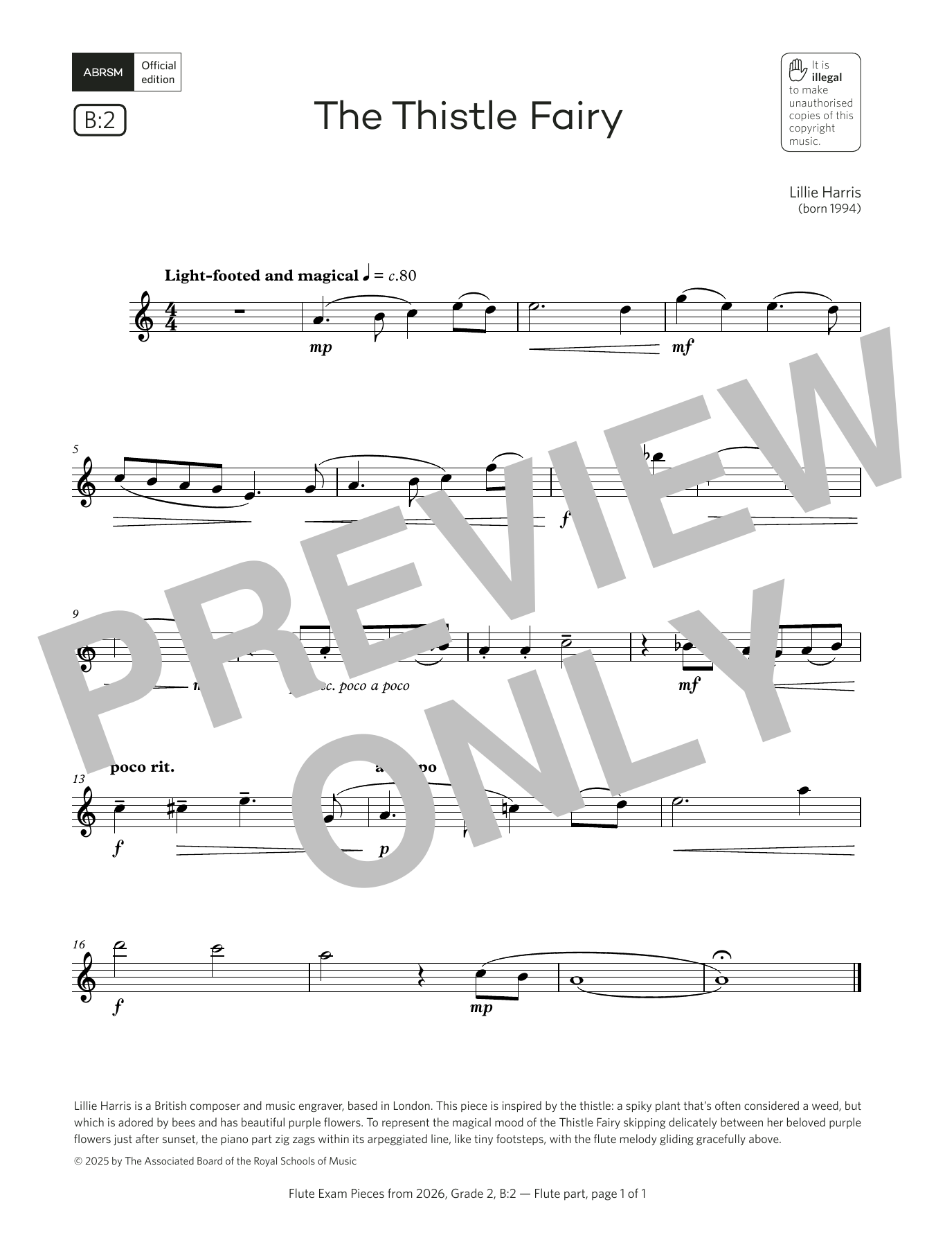 Lillie Harris The Thistle Fairy (Grade 2, list B2, from the ABRSM Flute Syllabus from 2026) Sheet Music Notes & Chords for Flute Solo - Download or Print PDF Lillie Harris The Thistle Fairy (Grade 2, list B2, from the ABRSM Flute Syllabus from 2026) Sheet Music Notes & Chords for Flute Solo - Download or Print PDF