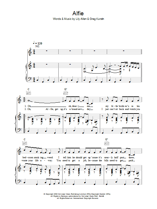 Lily Allen Alfie Sheet Music Notes & Chords for Piano, Vocal & Guitar (Right-Hand Melody) - Download or Print PDF