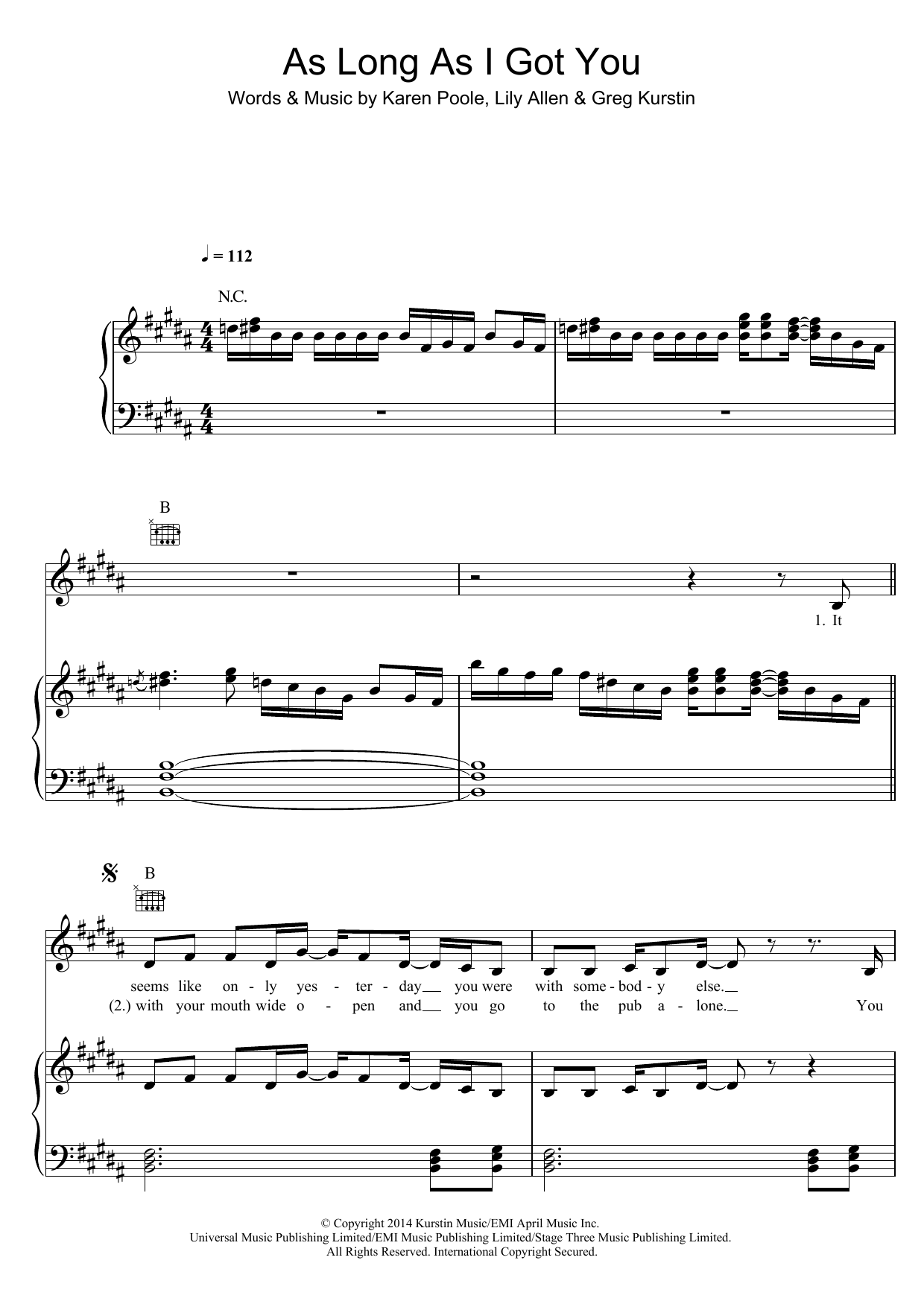 Lily Allen As Long As I Got You Sheet Music Notes & Chords for Piano, Vocal & Guitar (Right-Hand Melody) - Download or Print PDF