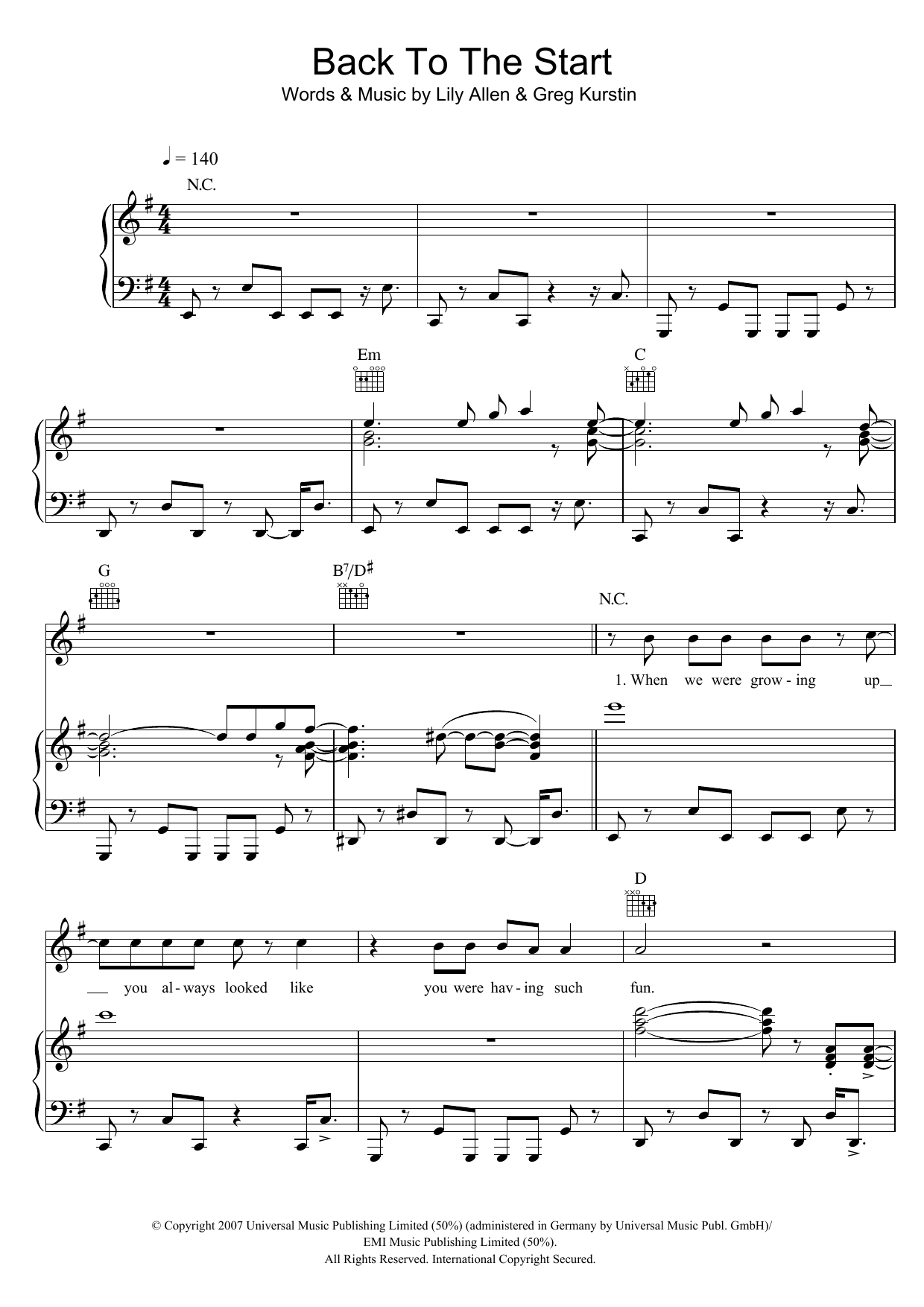 Lily Allen Back To The Start Sheet Music Notes & Chords for Piano, Vocal & Guitar - Download or Print PDF