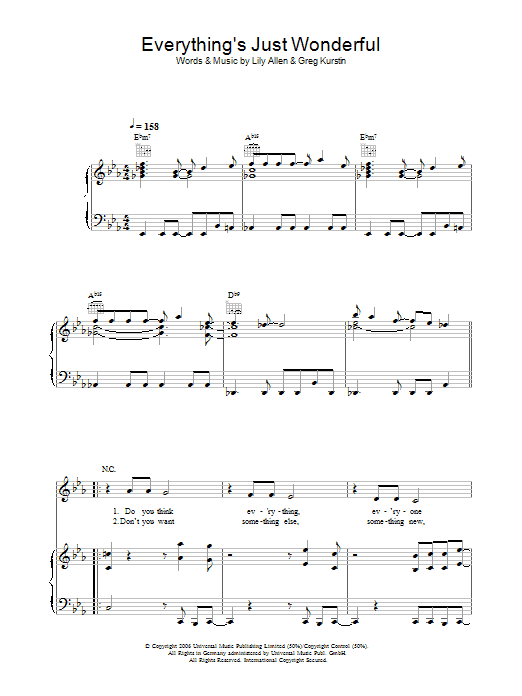 Lily Allen Everything's Just Wonderful Sheet Music Notes & Chords for Piano, Vocal & Guitar (Right-Hand Melody) - Download or Print PDF